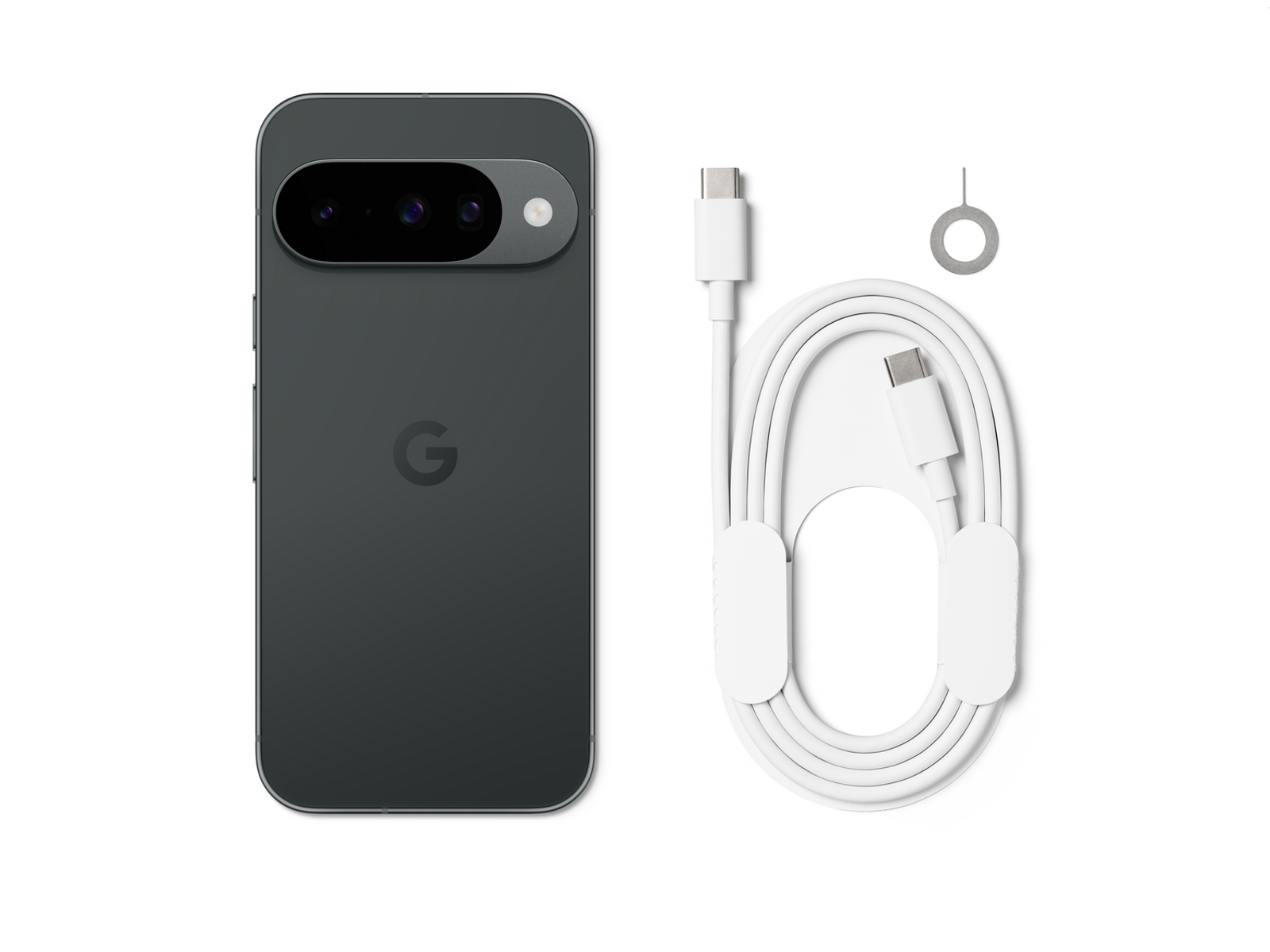 Ciemnoszary smartfon, biały kabel USB-C i narzędzie do wysuwania karty SIM na białym tle.