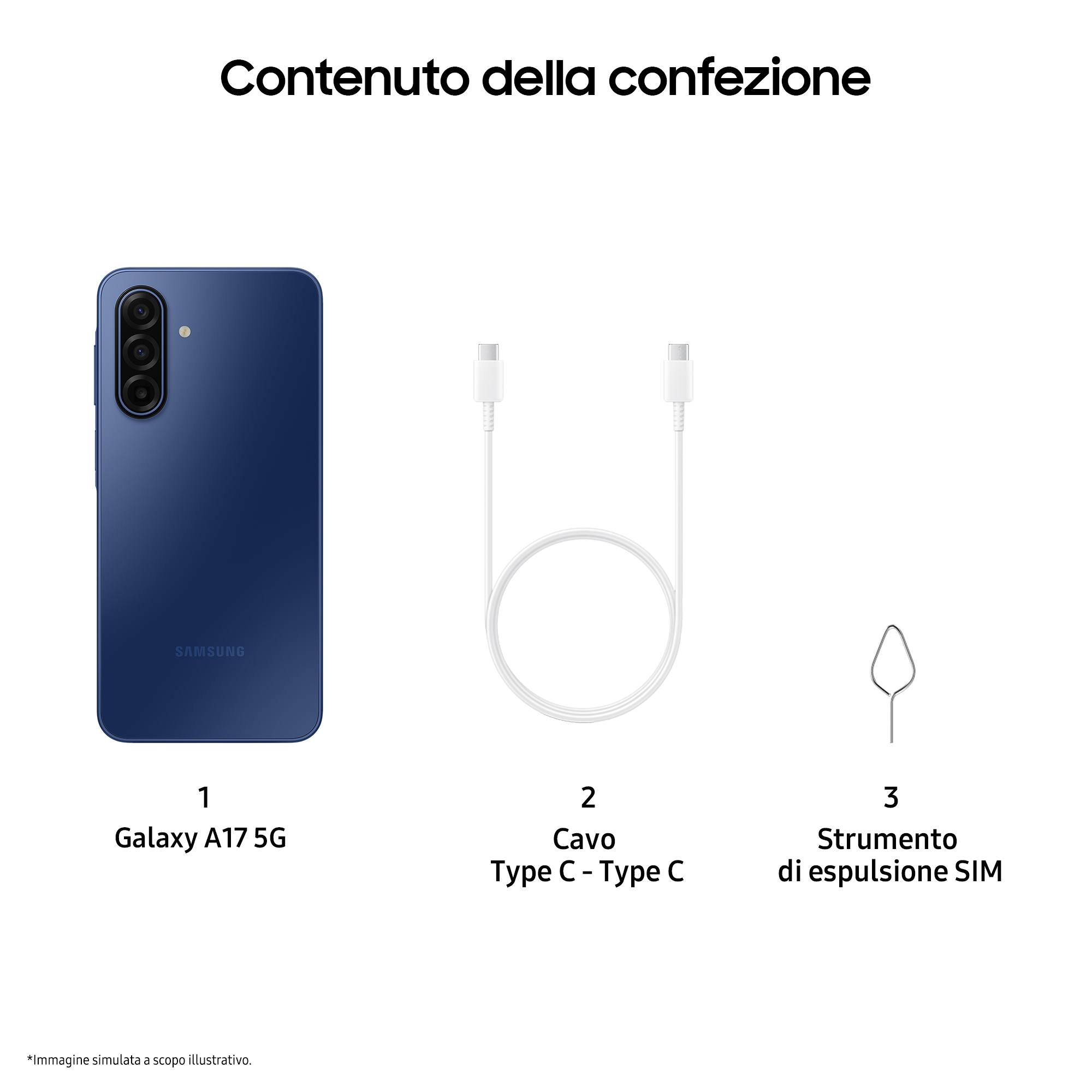 Obraz przedstawia niebieski Galaxy A17 5G, kabel typu C i narzędzie do wysuwania SIM, wszystko na białym tle.