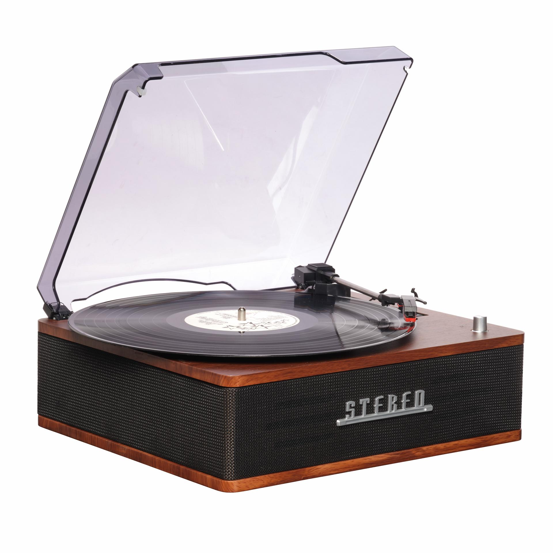 Une platine avec un couvercle transparent. Un disque vinyle est sur le lecteur. L'appareil est marron et noir.