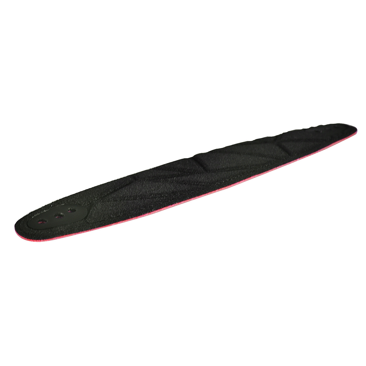 Un oggetto nero allungato con bordo rosa, forse una lima o un utensile, su sfondo bianco.