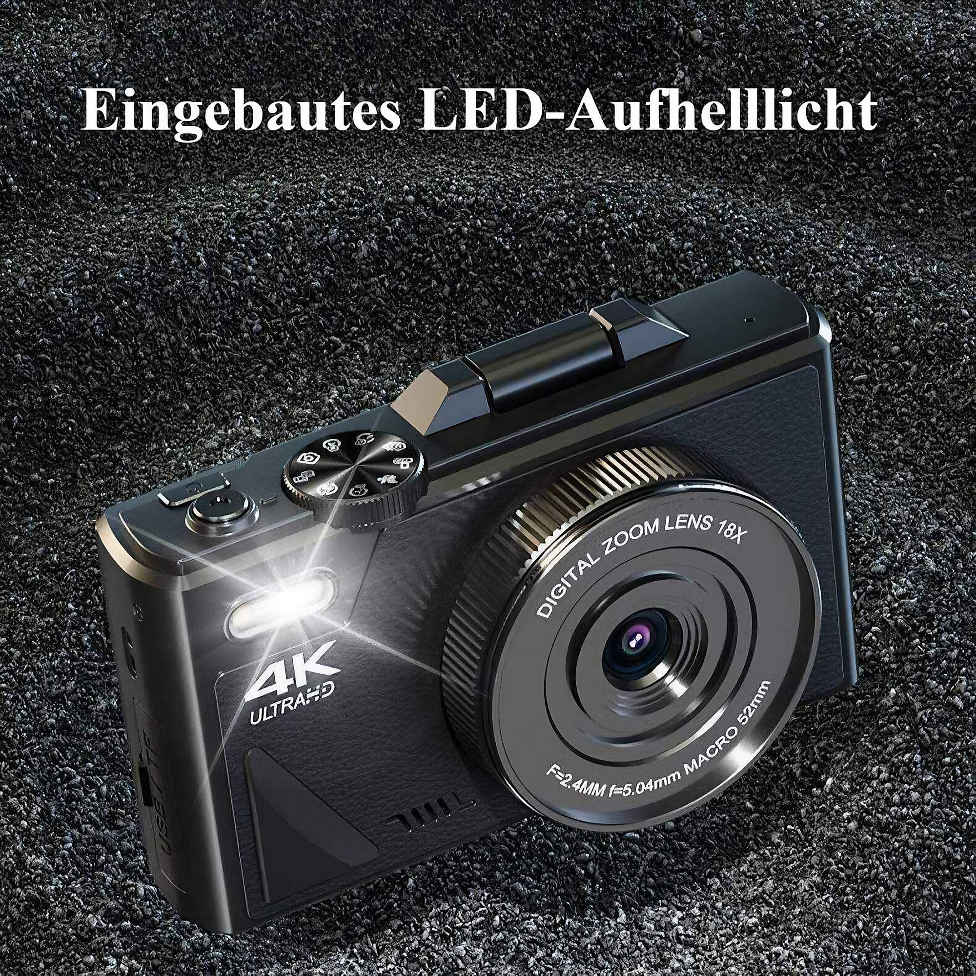 Eine schwarze Digitalkamera mit Objektiv, Blitz und Knöpfen liegt auf einer strukturierten, dunklen Oberfläche. Text: '4K ULTRAHD'.