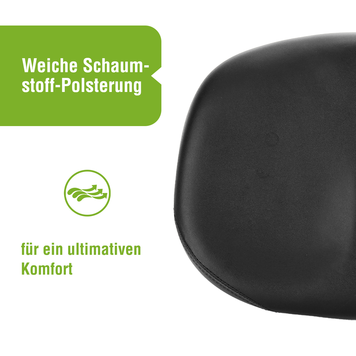 Nahaufnahme einer schwarzen, geschwungenen Oberfläche. Text auf Deutsch: 'Weiche Schaumstoff-Polsterung' und 'für ultimativen Komfort'.