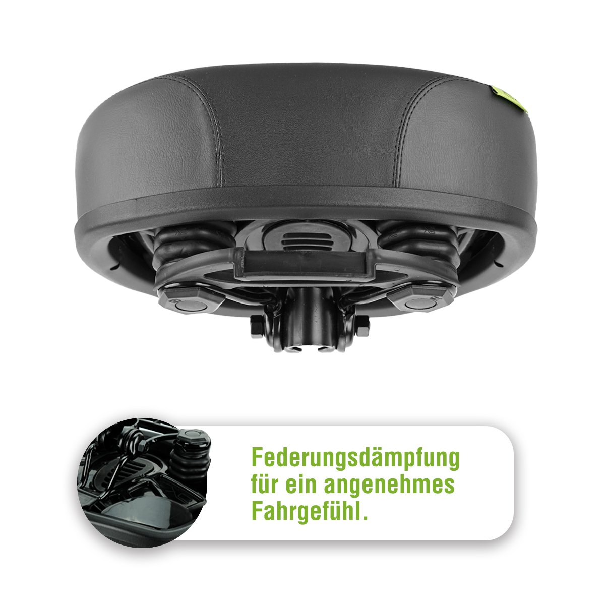 Ein schwarzer Fahrradsattel mit Federn. Auf der Seite befindet sich ein grünes Etikett. Der Text lautet 'Federung für ein angenehmes Fahrgefühl'.