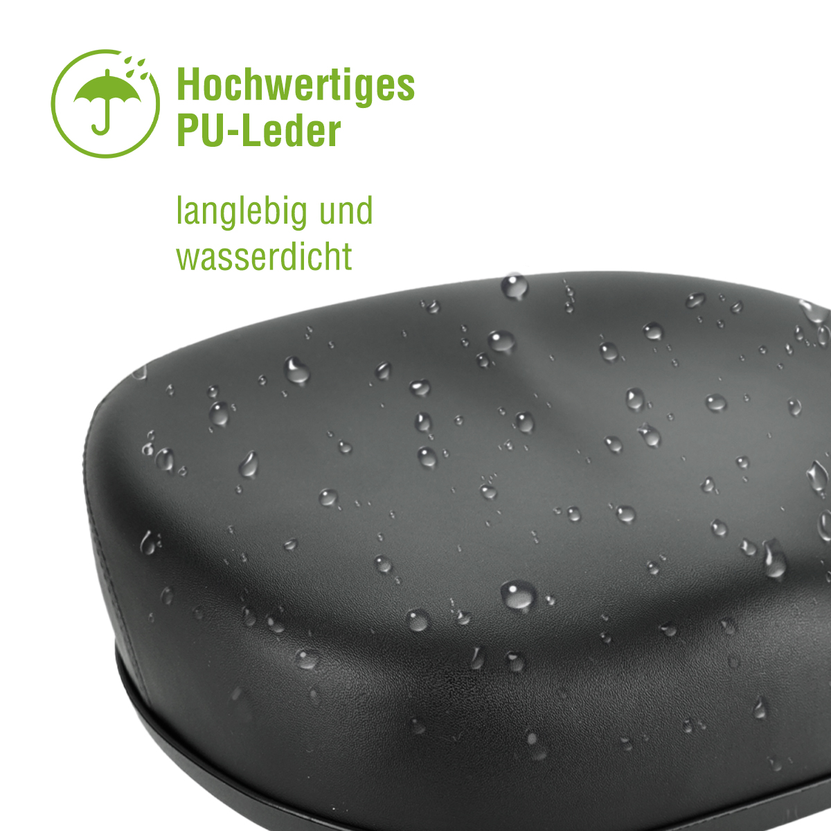 Nahaufnahme eines schwarzen Ledersitzes mit Wassertropfen, darüber Text: 'Hochwertiges PU-Leder, langlebig und wasserdicht'.