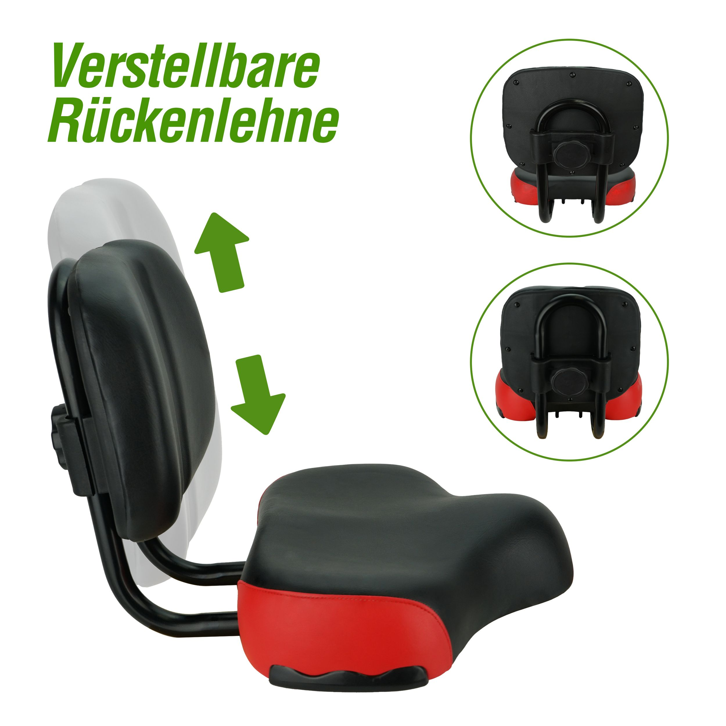 Ein verstellbarer Fahrradsitz mit schwarzem Sitz und Rücken, roter Verkleidung. Enthält Pfeile zum Einstellen des Rückens.