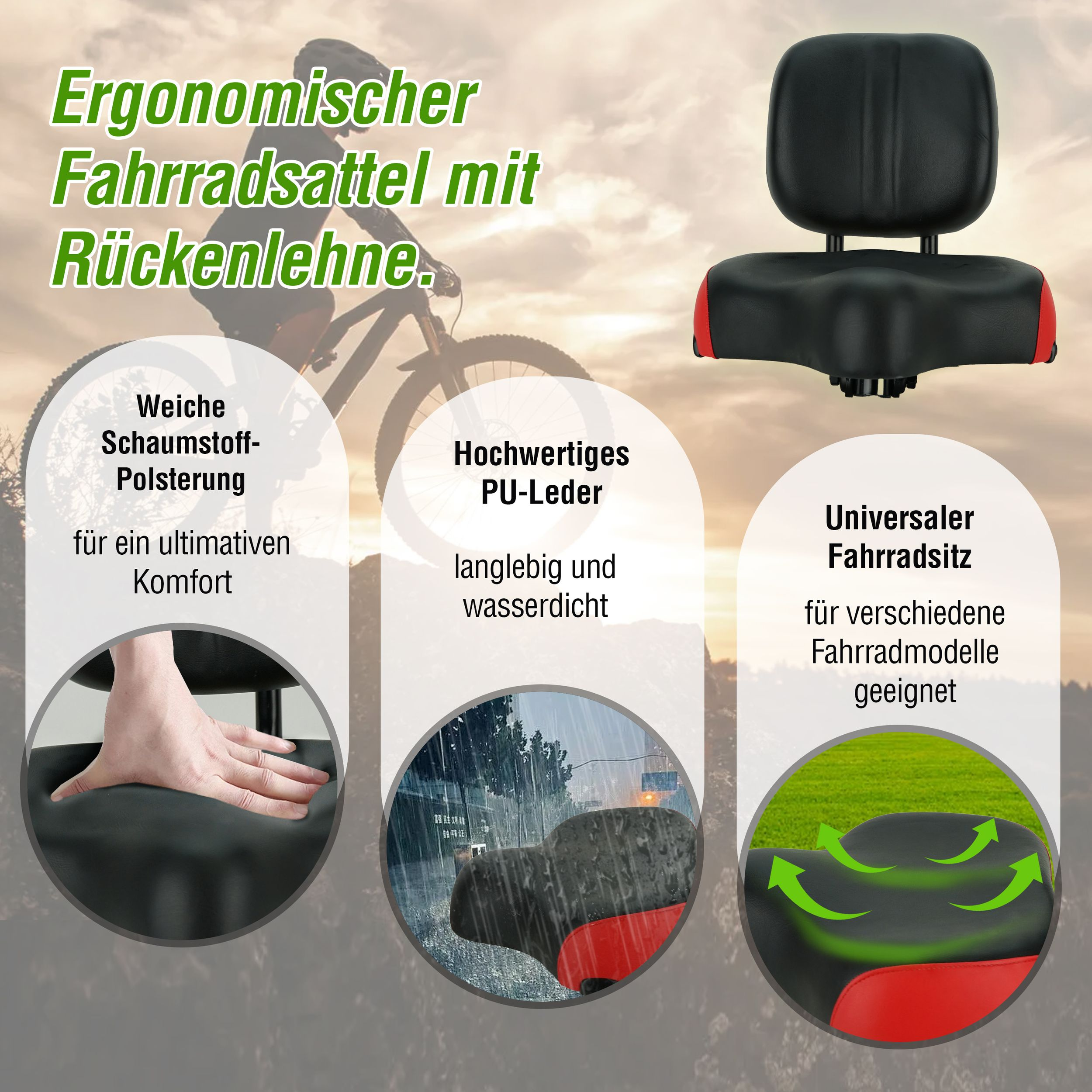 Ein ergonomischer Fahrradsattel mit Rückenlehne. Merkmale: weiche Schaumstoffpolsterung, haltbares PU-Leder und universelle Passform.
