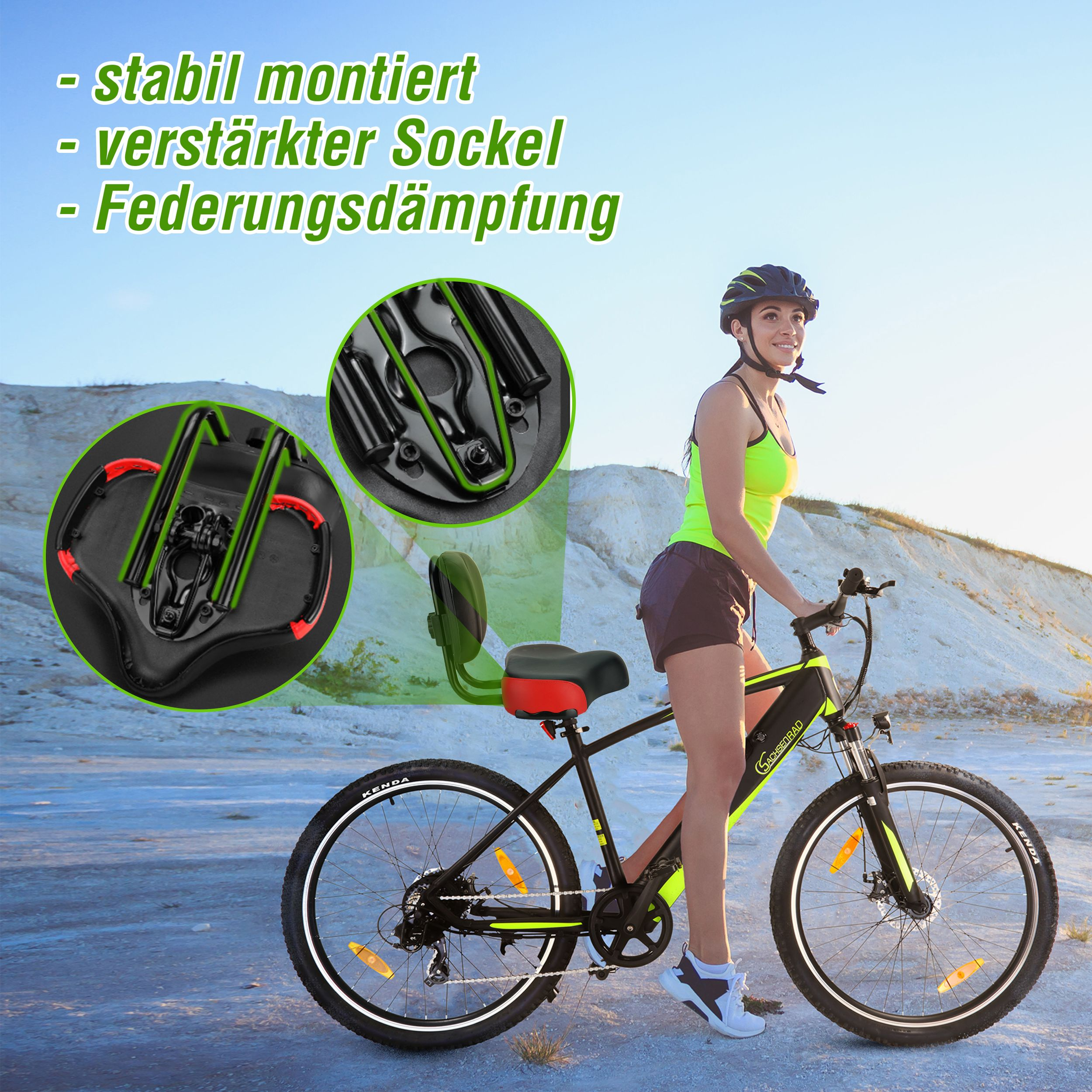 Eine Frau auf einem schwarz-gelben E-Bike mit Helm in einer hellen Umgebung. Details des Fahrrads sind gezeigt.