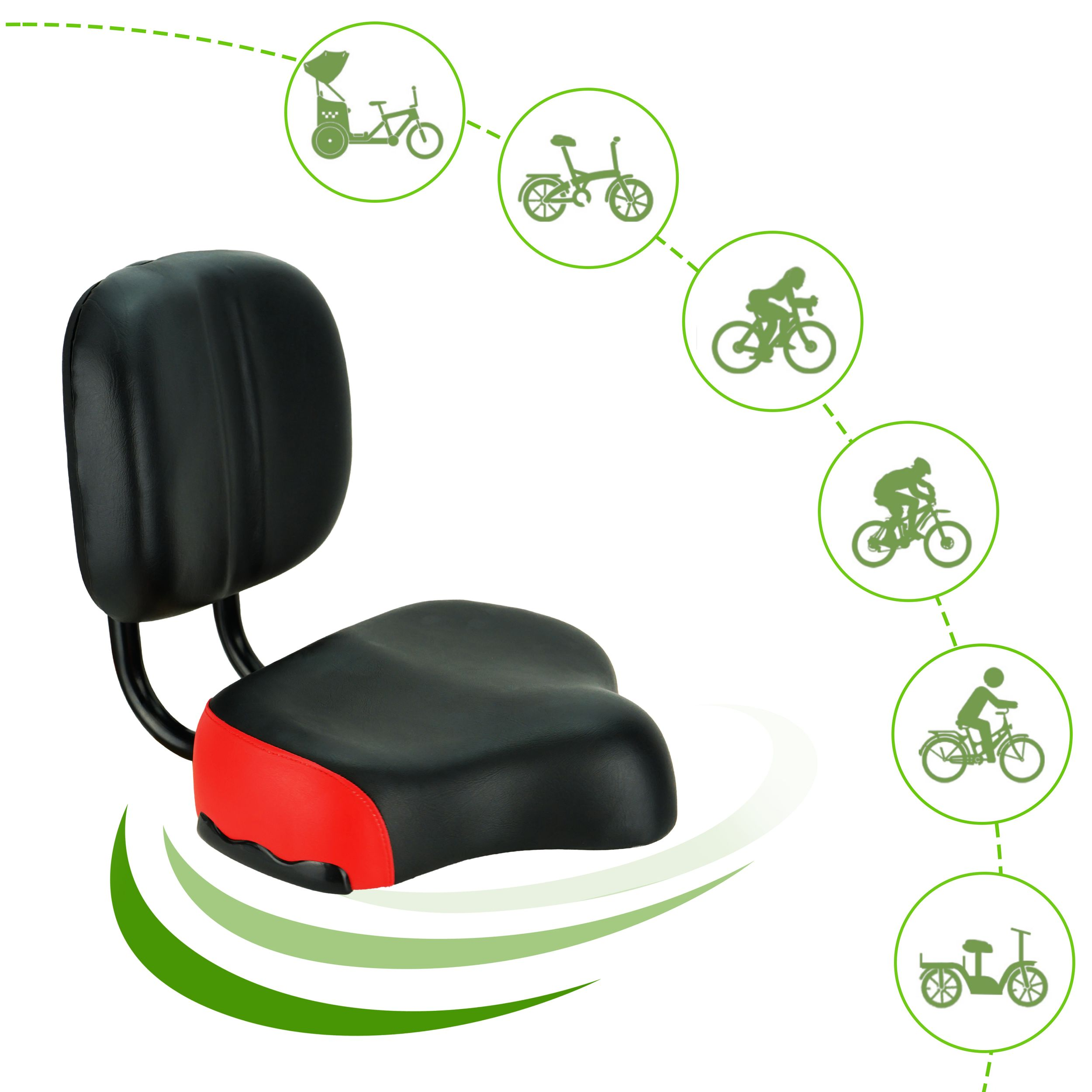 Schwarzer Fahrradsitz mit roter Zierleiste und Rückenlehne. Grüne Fahrradsymbole auf der rechten Seite, auf weißem Hintergrund.