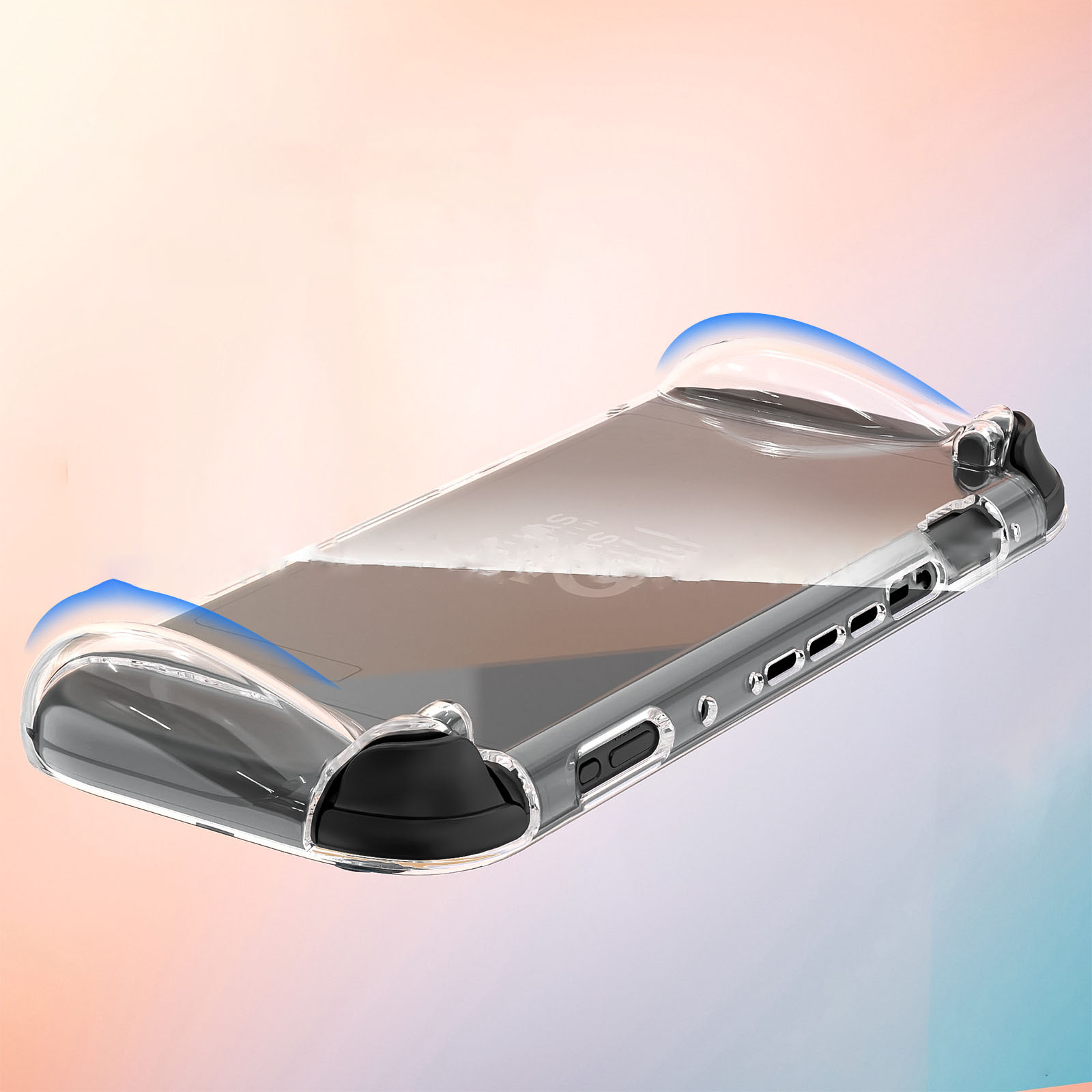 Przezroczyste etui ochronne na urządzenie, z niebieskimi akcentami. Na tle gradientu różu, brązu i błękitu.