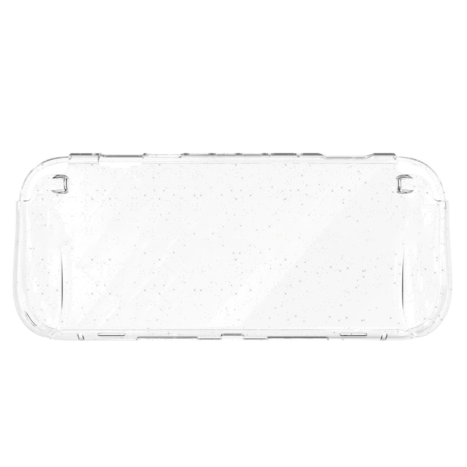 Przezroczyste, plastikowe etui ochronne na przenośne urządzenie do gier, prostokątny kształt, zaokrąglone krawędzie i brokat.