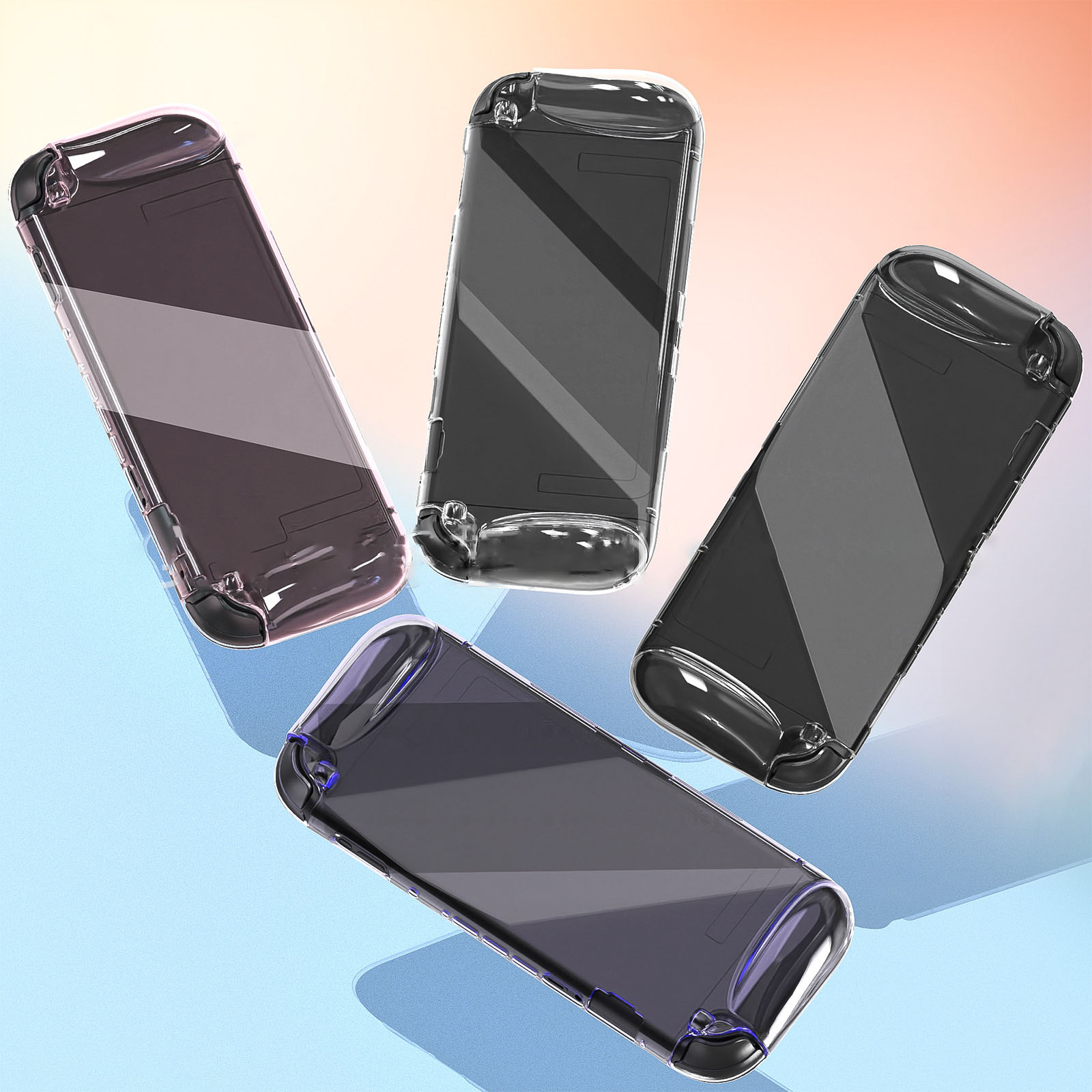 Cztery przezroczyste obudowy konsoli do gier, ustawione na tle gradientu niebieskiego, różowego i pomarańczowego.