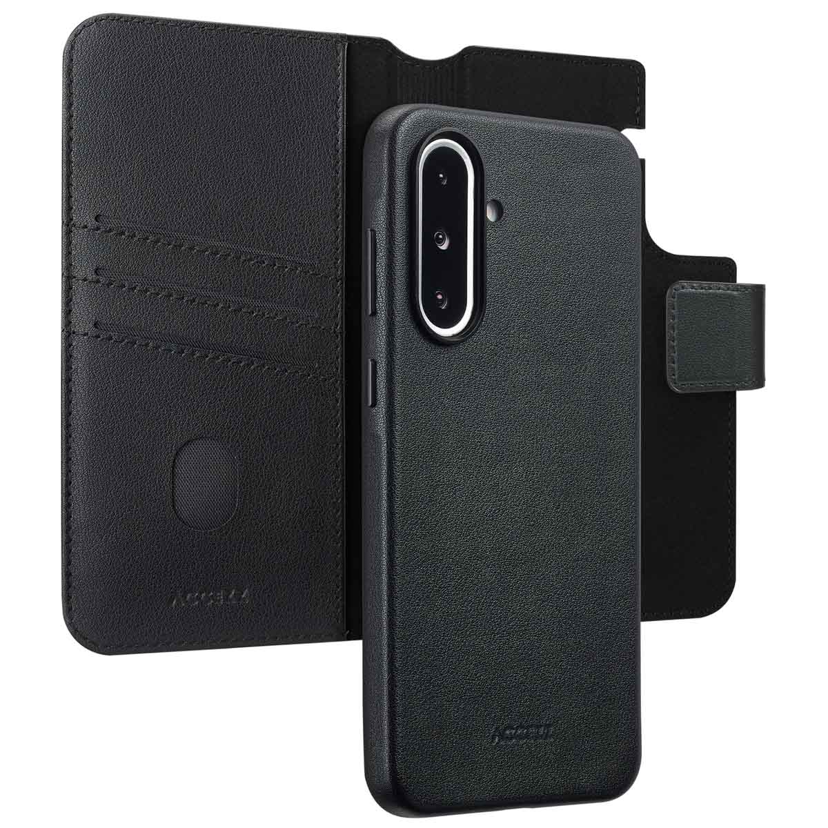 Een zwarte leren telefoonhoes is open, met kaartsleuven. De telefoon zit erin. Een magnetische sluiting is zichtbaar.