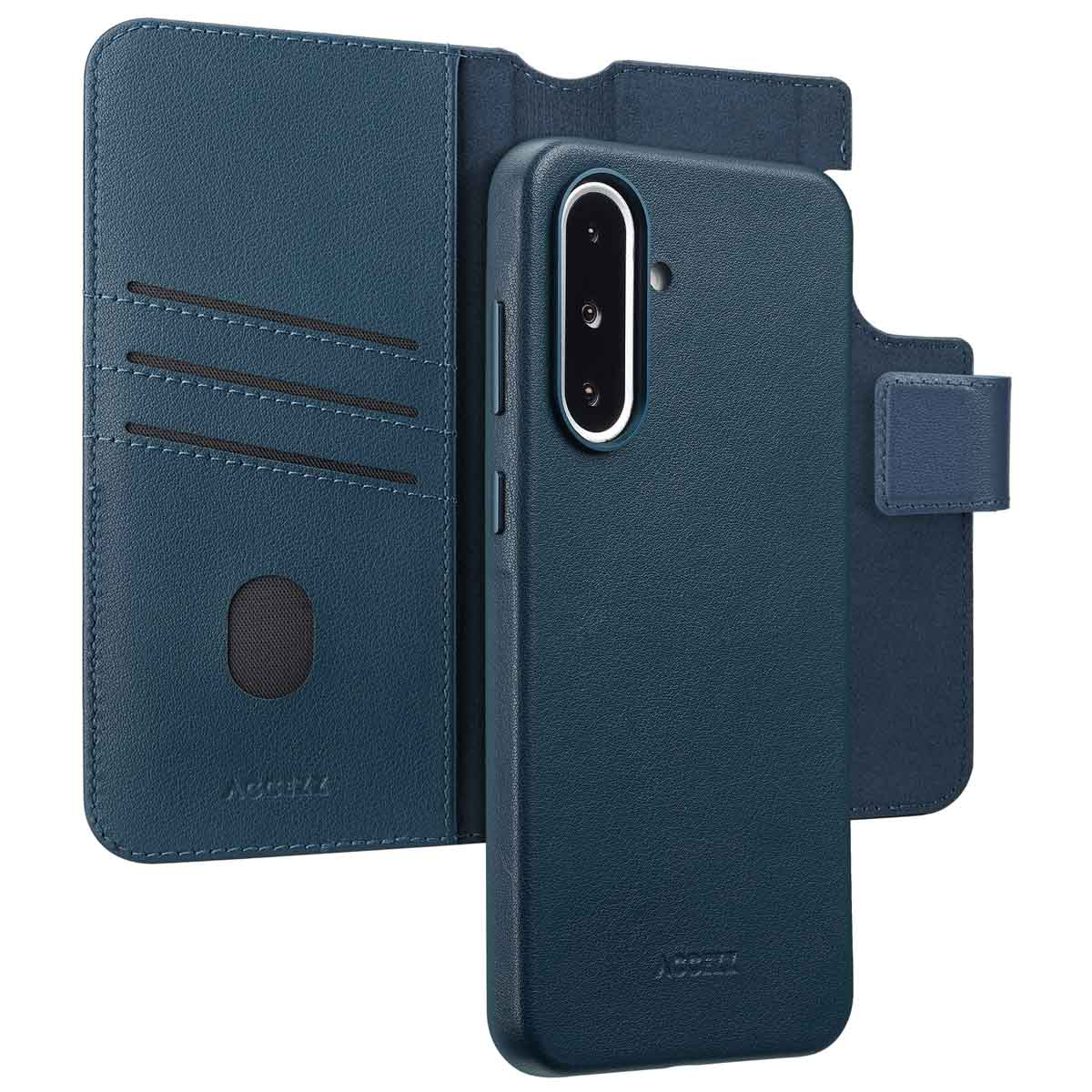 Een teal telefoonhoesje met een portemonnee-ontwerp. De hoes is open en toont de telefoon en kaartsleuven.