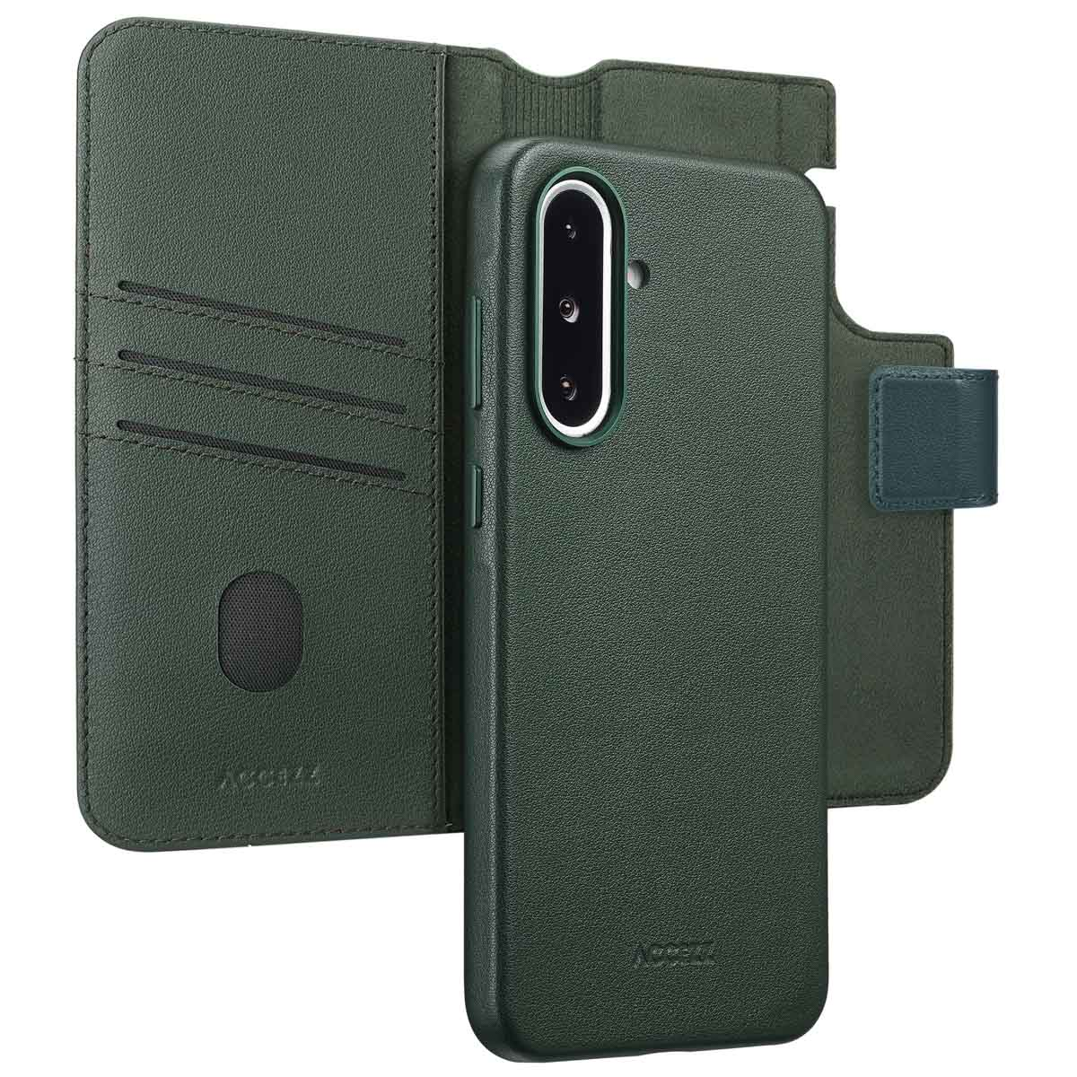Groene leren telefoonhoes met portemonnee-functie. Inclusief kaartsleuven en een magnetische sluiting. Telefoon is zichtbaar.