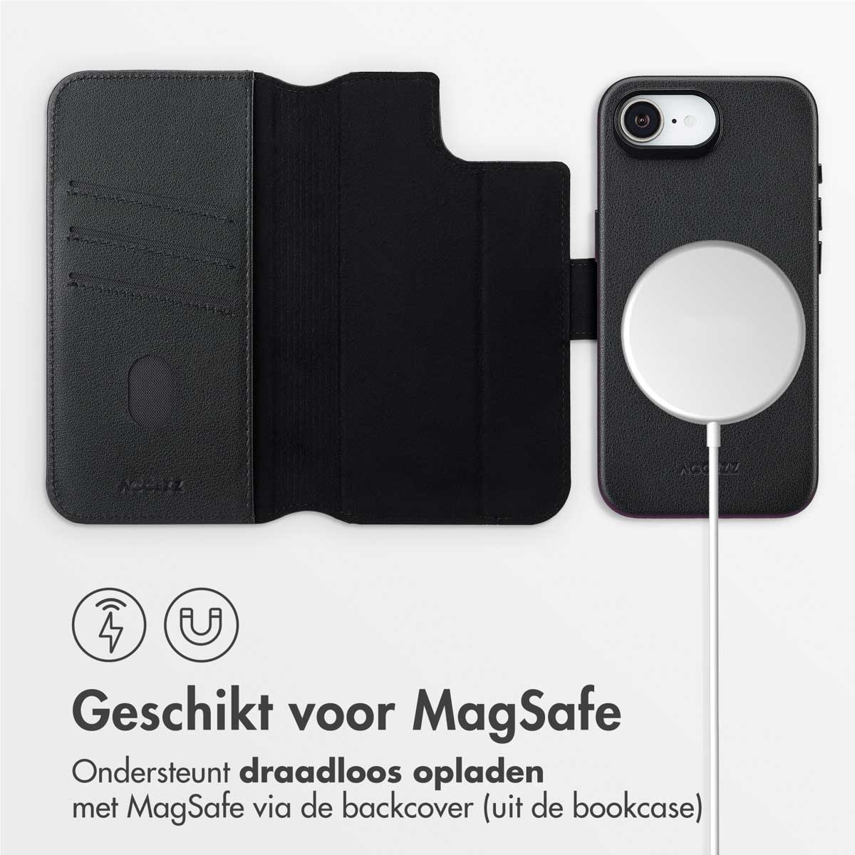Schwarze Handyhülle mit MagSafe-Ladegerät. Geöffnete Hülle im Buchstil links. Text: Geeignet für MagSafe, unterstützt kabelloses Laden.