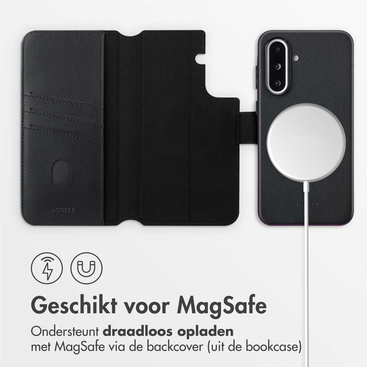 Zwarte telefoonhoes met MagSafe-opladen, geopend om kaartsleuven te tonen. Tekst: 'Geschikt voor MagSafe' en 'Draadloos opladen'.