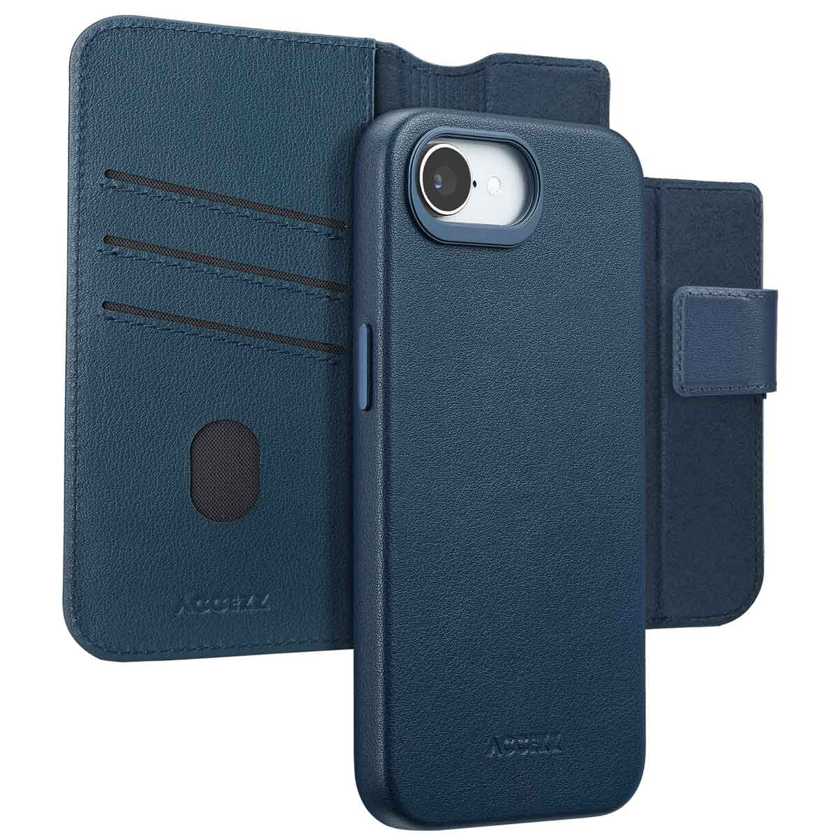 Blaue Handyhülle im Wallet-Design. Sie hat Kartenfächer und einen Magnetverschluss. Das Telefon ist sichtbar.
