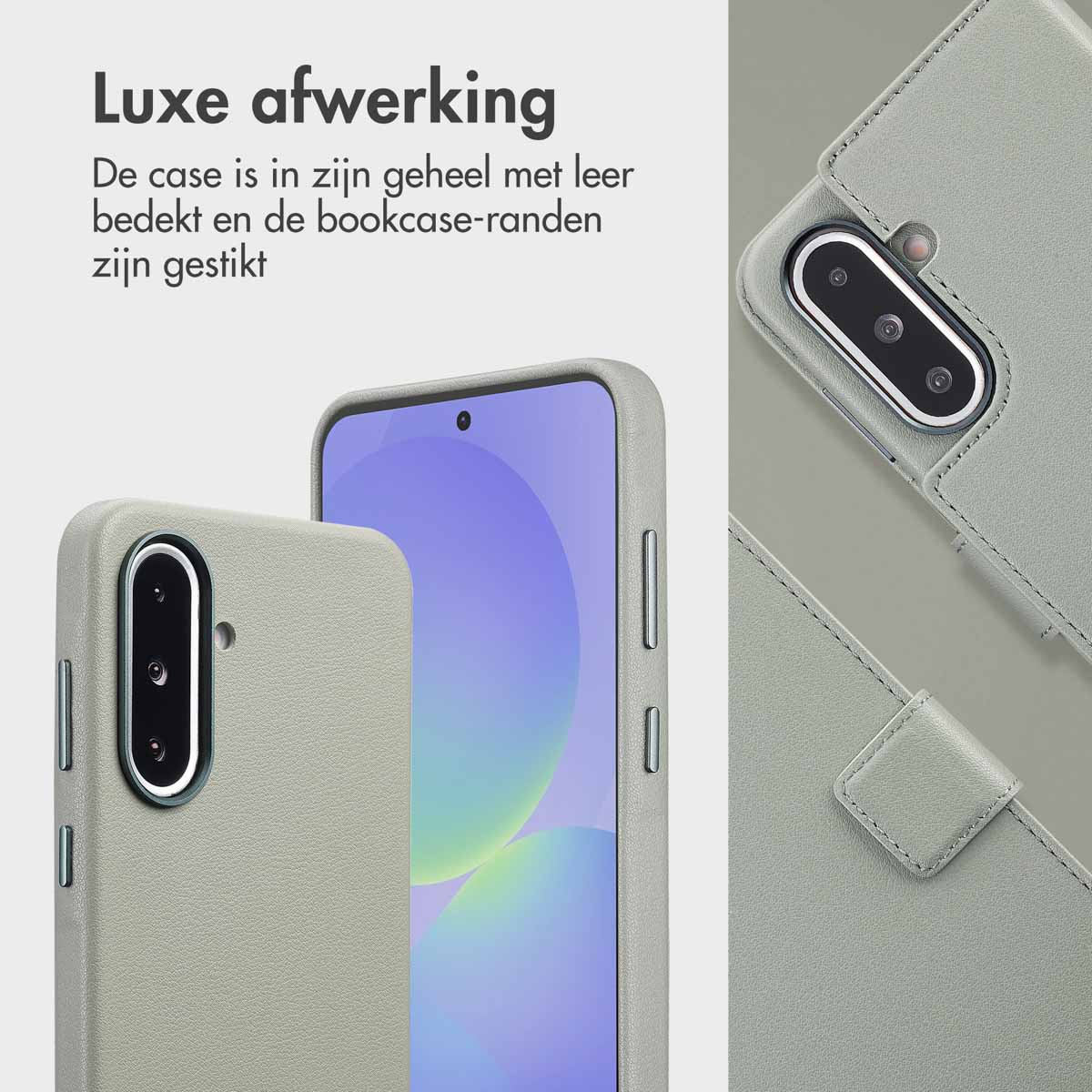 De afbeelding toont een telefoonhoesje van leer. De hoes is lichtgrijs en heeft een gestikte rand. Een deel van de telefoon is zichtbaar.