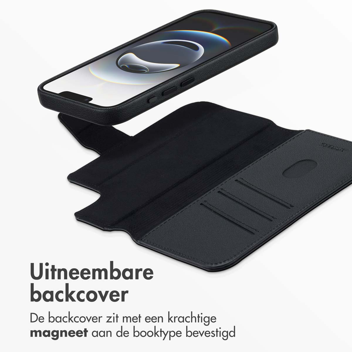 Schwarze Handyhülle mit einem Telefon darüber und einer offenen Brieftaschenhülle. Das Telefon ist schwarz, die Hülle ist offen, mit Kartenfächern.