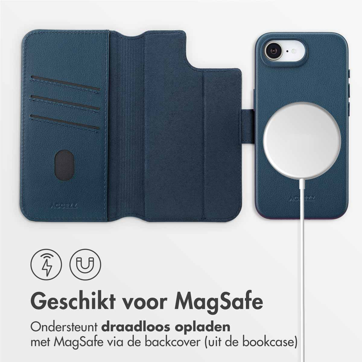 Blaue Handyhülle und Brieftasche. Die Handyhülle hat einen weißen Kreis zum Aufladen.