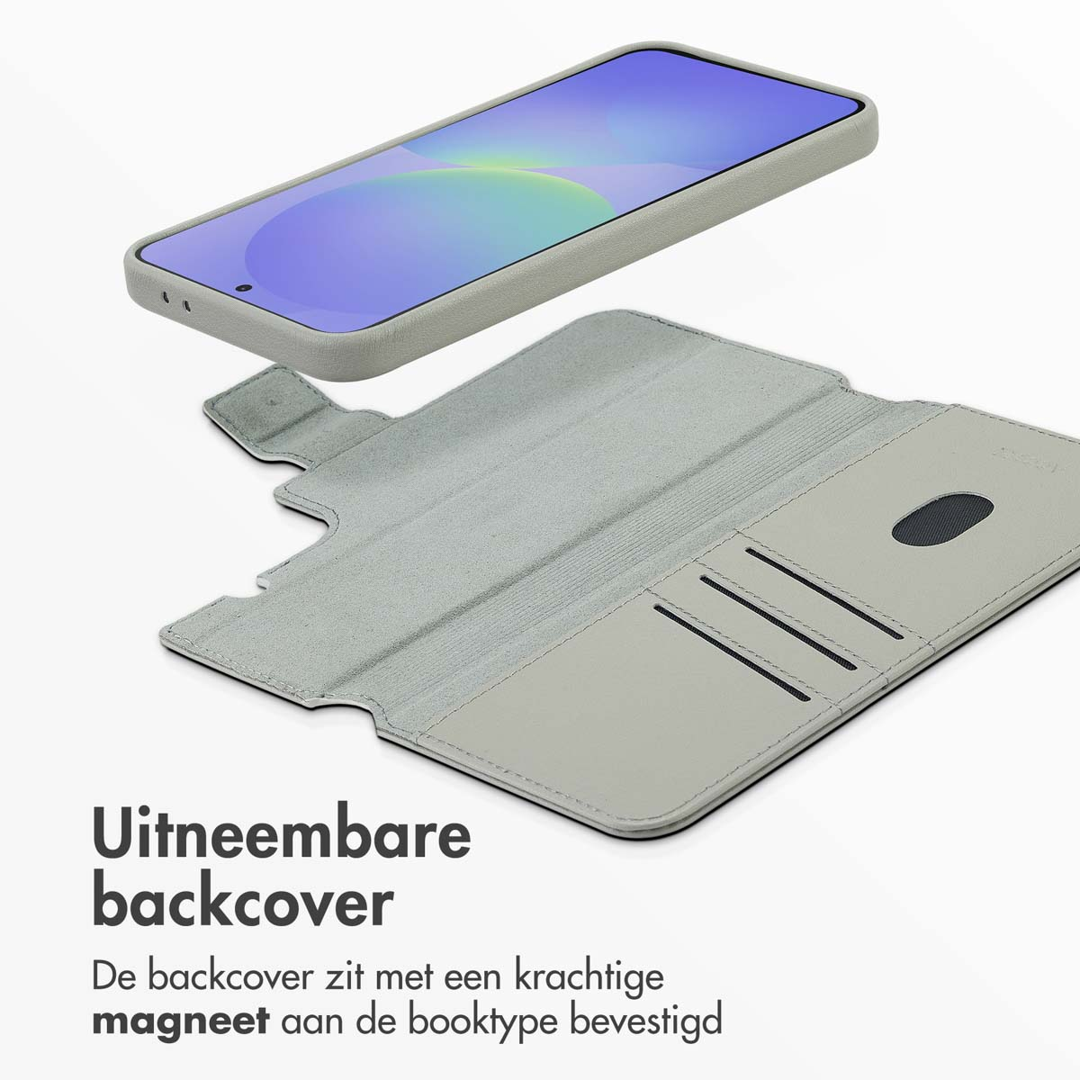 Een lichtgrijze telefoonhoes met een telefoon erboven, die het scherm laat zien. Daaronder een open portemonneehoes, met kaartsleuven.