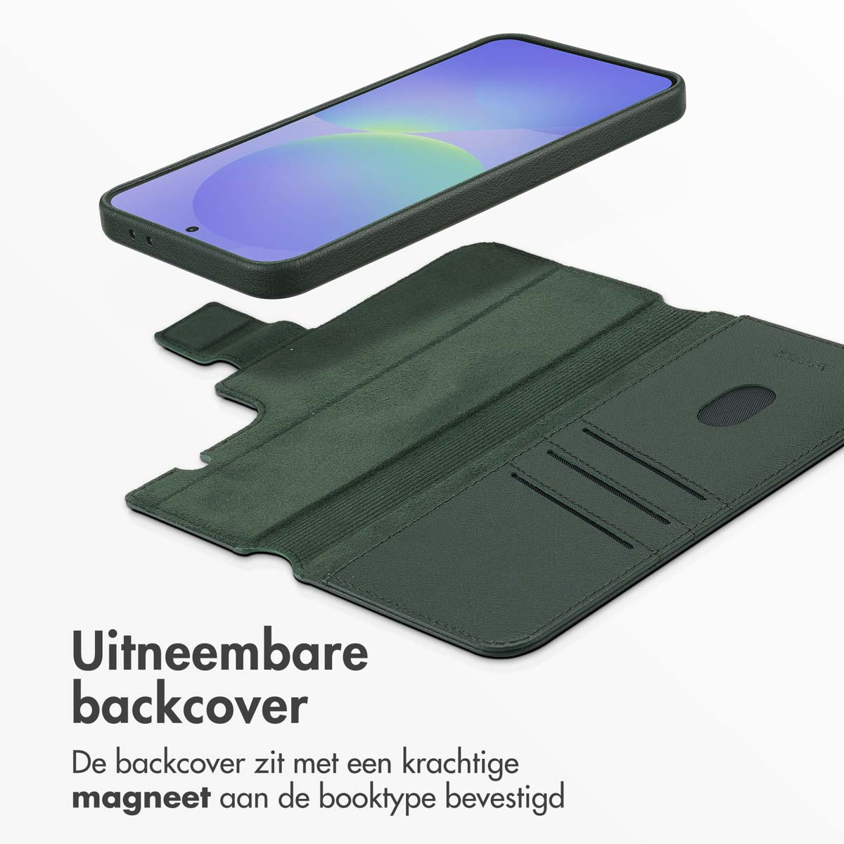 Groene telefoonhoes en losgekoppelde telefoon erboven. Nederlandse tekst beschrijft de achterkant met magnetische bevestiging.