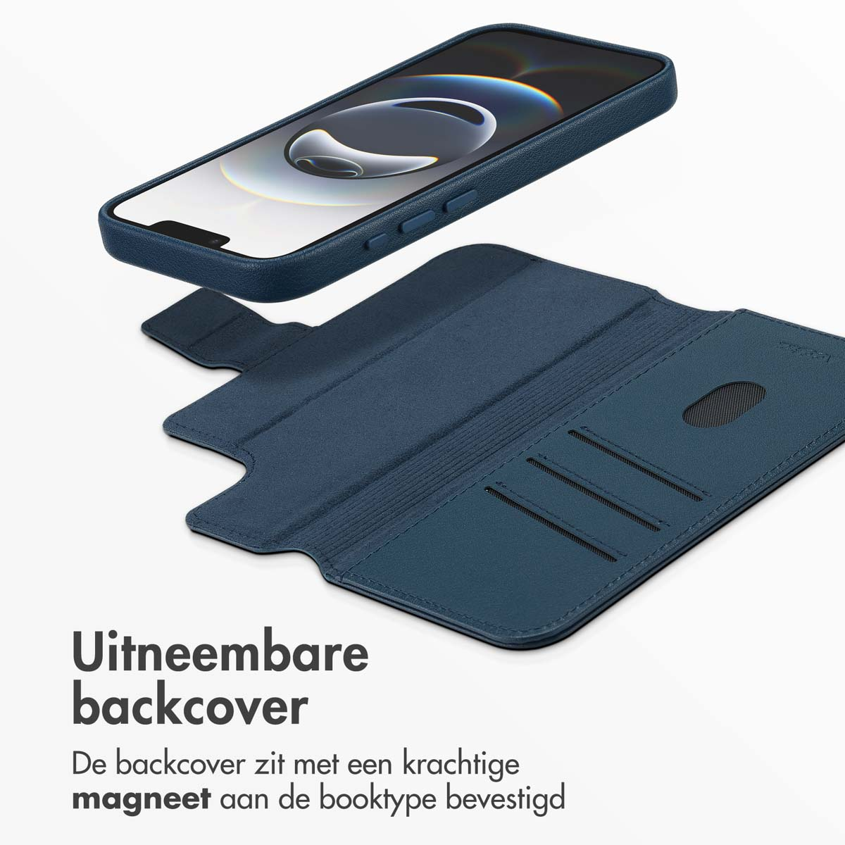 Eine blaue Handyhülle mit Smartphone oben. Die Hülle ist offen und zeigt Kartenfächer. Text unten: 'Uiteemnbare backcover'.