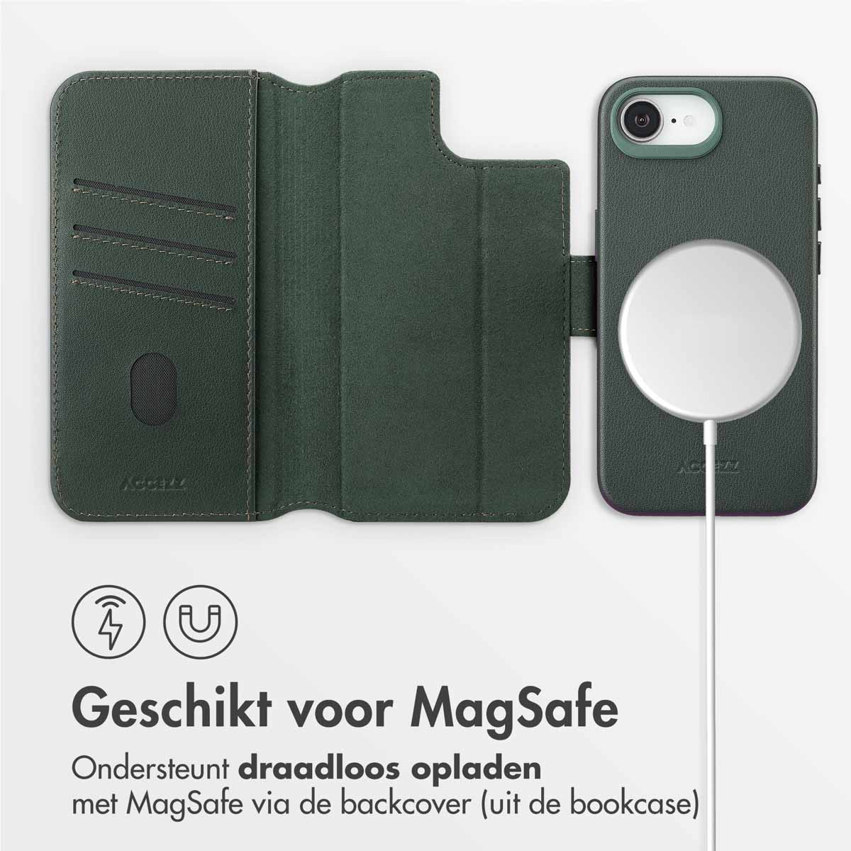 Dunkelgrüne Handyhülle und Geldbörse. Das Gehäuse hat einen weißen Ladekreis. Text unten lautet 'Geeignet für MagSafe'.
