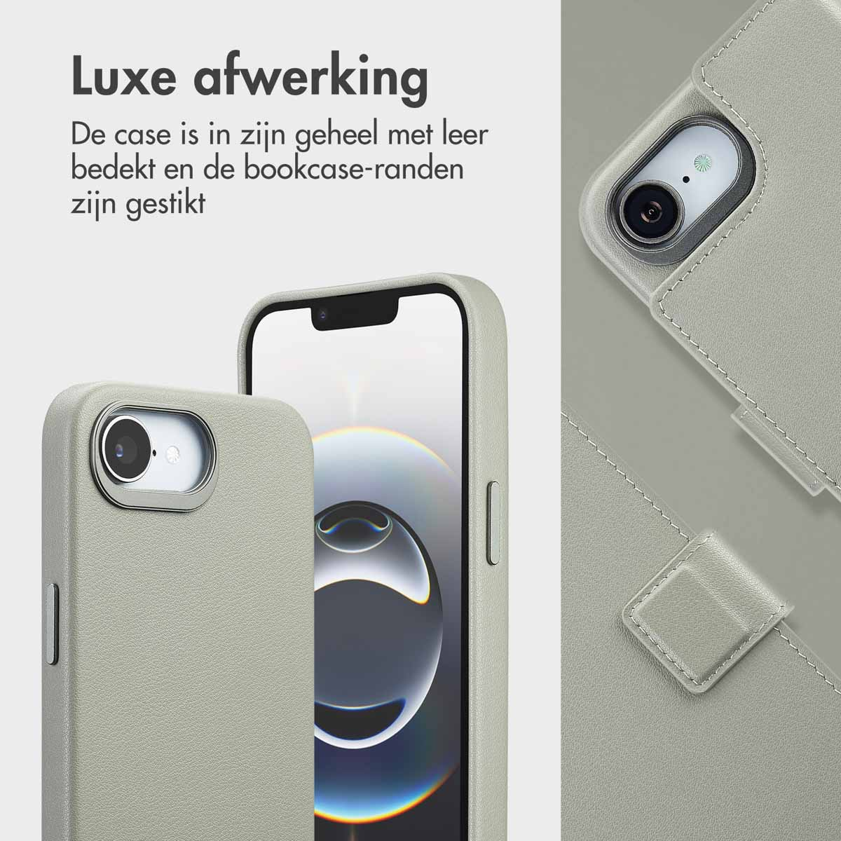 Primo piano di un telefono in una custodia di pelle grigia. La custodia ha bordi cuciti. Lo sfondo è una superficie grigio chiaro.