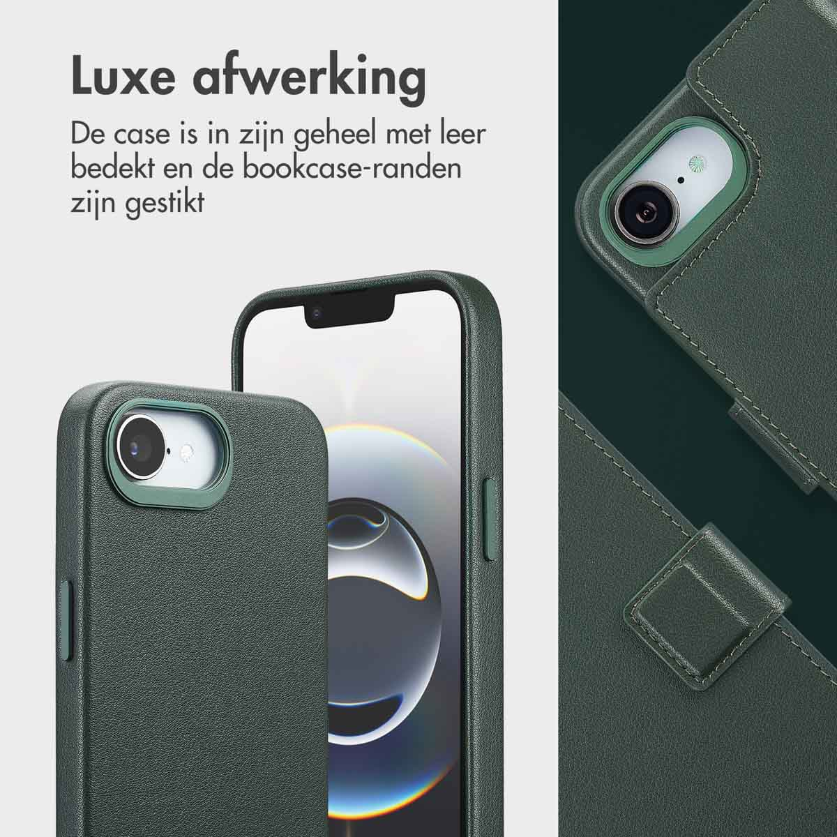 Eine dunkelgrüne Handyhülle und ein Handy mit Bildschirm. Die Hülle ist lederbezogen mit abgesteppten Kanten. Text: 'Luxus-Finish'.