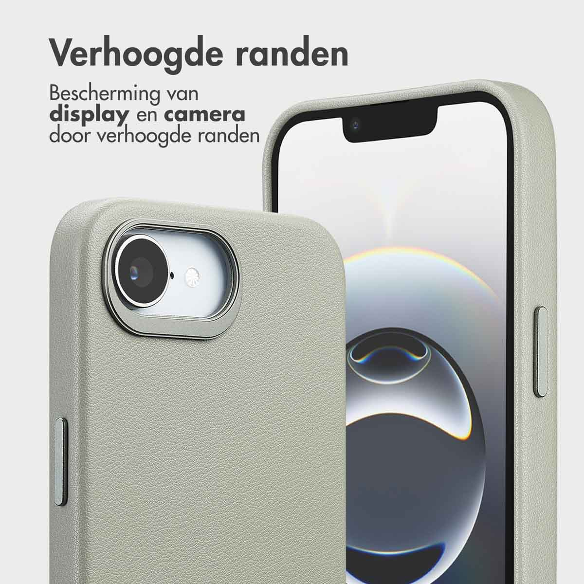 Due custodie grigie per telefono, una con fotocamera e l'altra con schermo. Testo olandese: i bordi rialzati proteggono la fotocamera.
