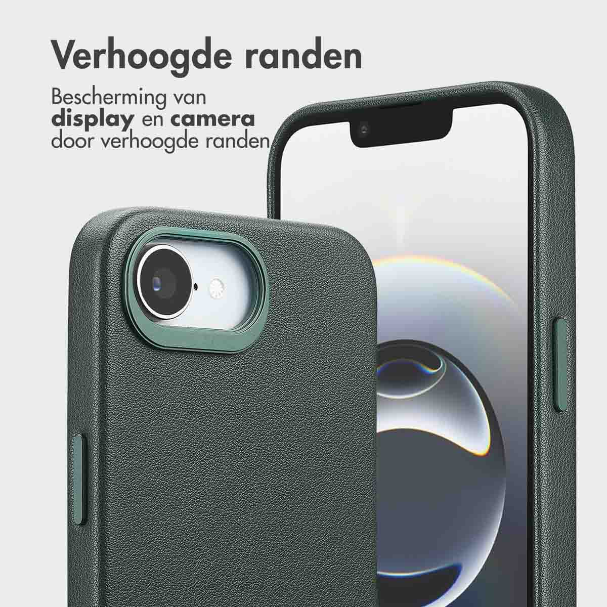 Nahaufnahme einer dunkelgrünen Handyhülle mit Kameraausschnitt. Der Text lautet 'Verhoogde randen' und 'Bescherming van display en camera'.