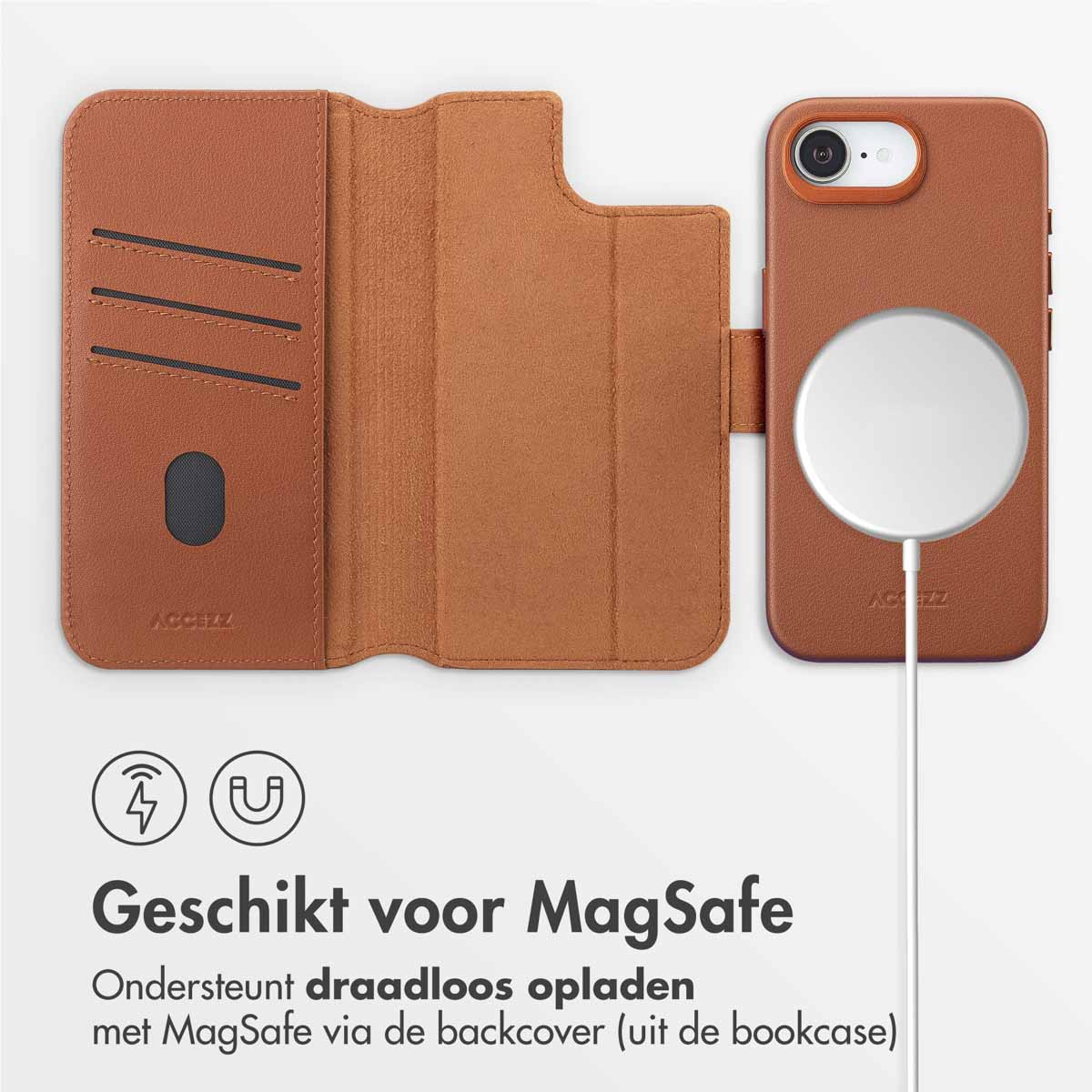 Braune Handyhülle und Brieftasche. Die Brieftasche hat Kartenfächer. Die Handyhülle hat ein weißes MagSafe-Ladegerät. Text: Geeignet für MagSafe.
