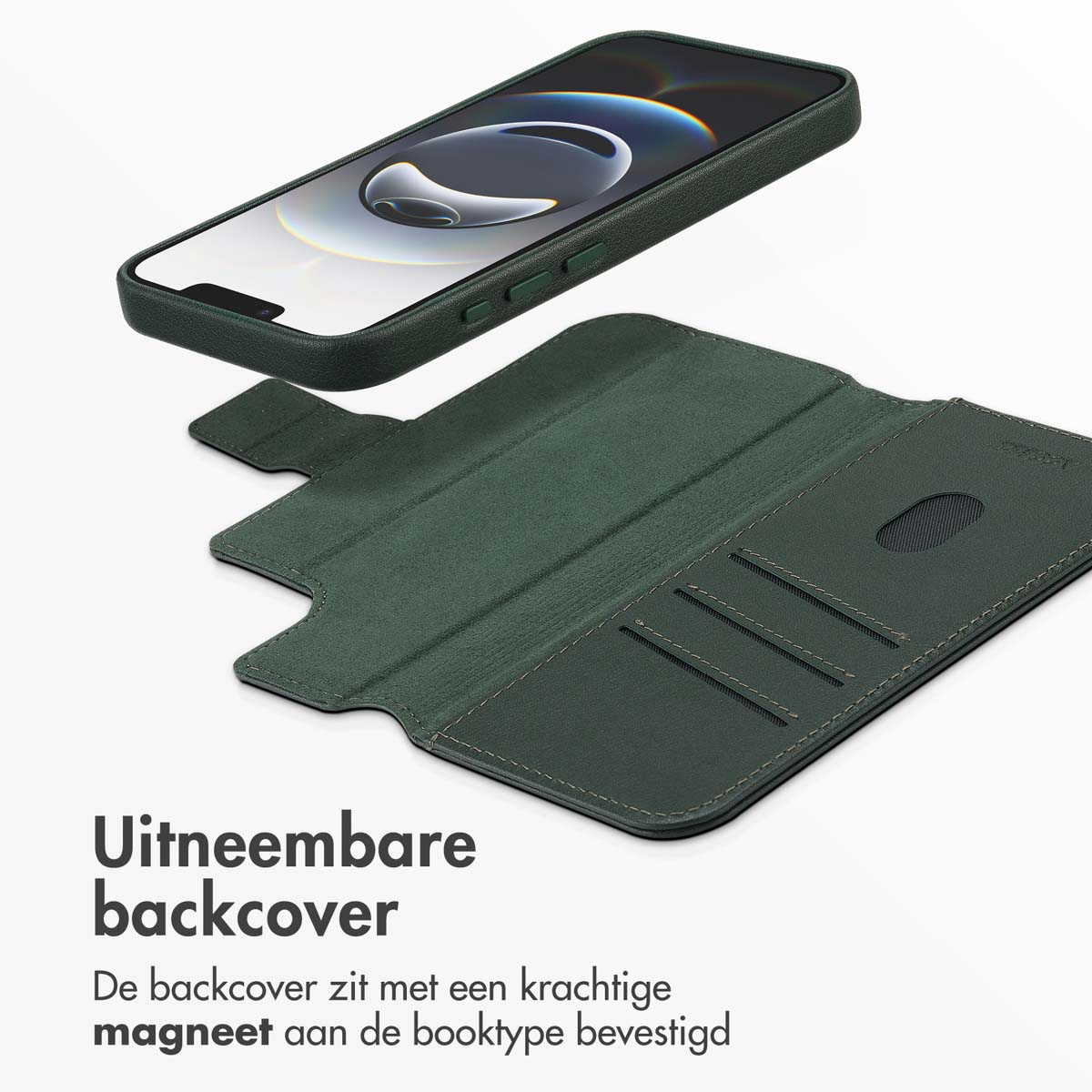 Grüne Handyhülle und Telefon mit Display. Das Telefon befindet sich über der Hülle. Text auf Niederländisch ist unten.