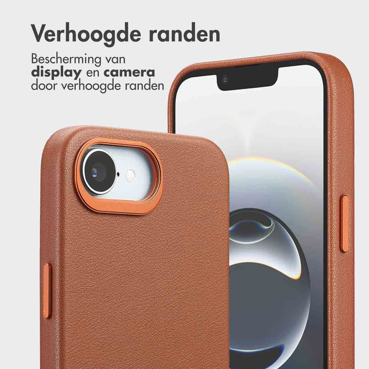Zwei braune Handyhüllen, die ein Telefon zeigen. Der Text erwähnt Schutz für Display und Kamera.