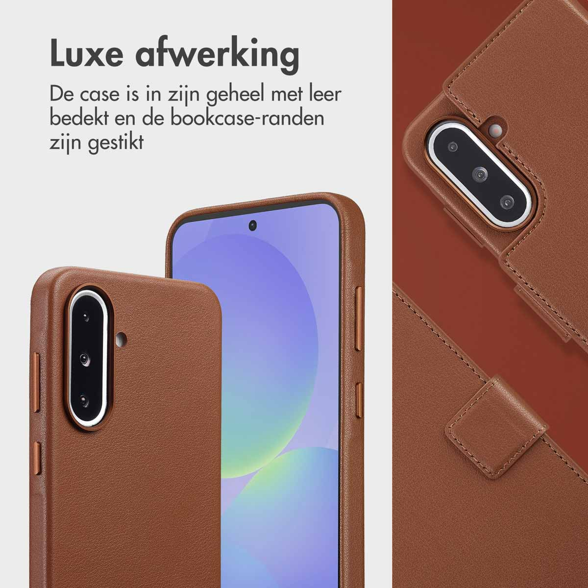 Bruine leren telefoonhoes met stiksels en close-up van de camera. Het scherm van de telefoon is zichtbaar.