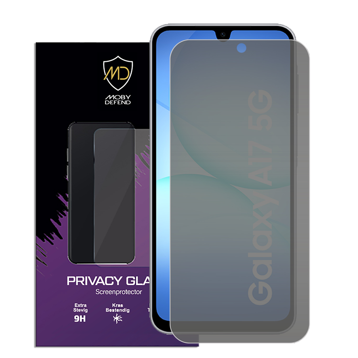 Un smartphone avec un protecteur d'écran de confidentialité, présenté avec son emballage. Le téléphone est gris, l'emballage est noir et violet.