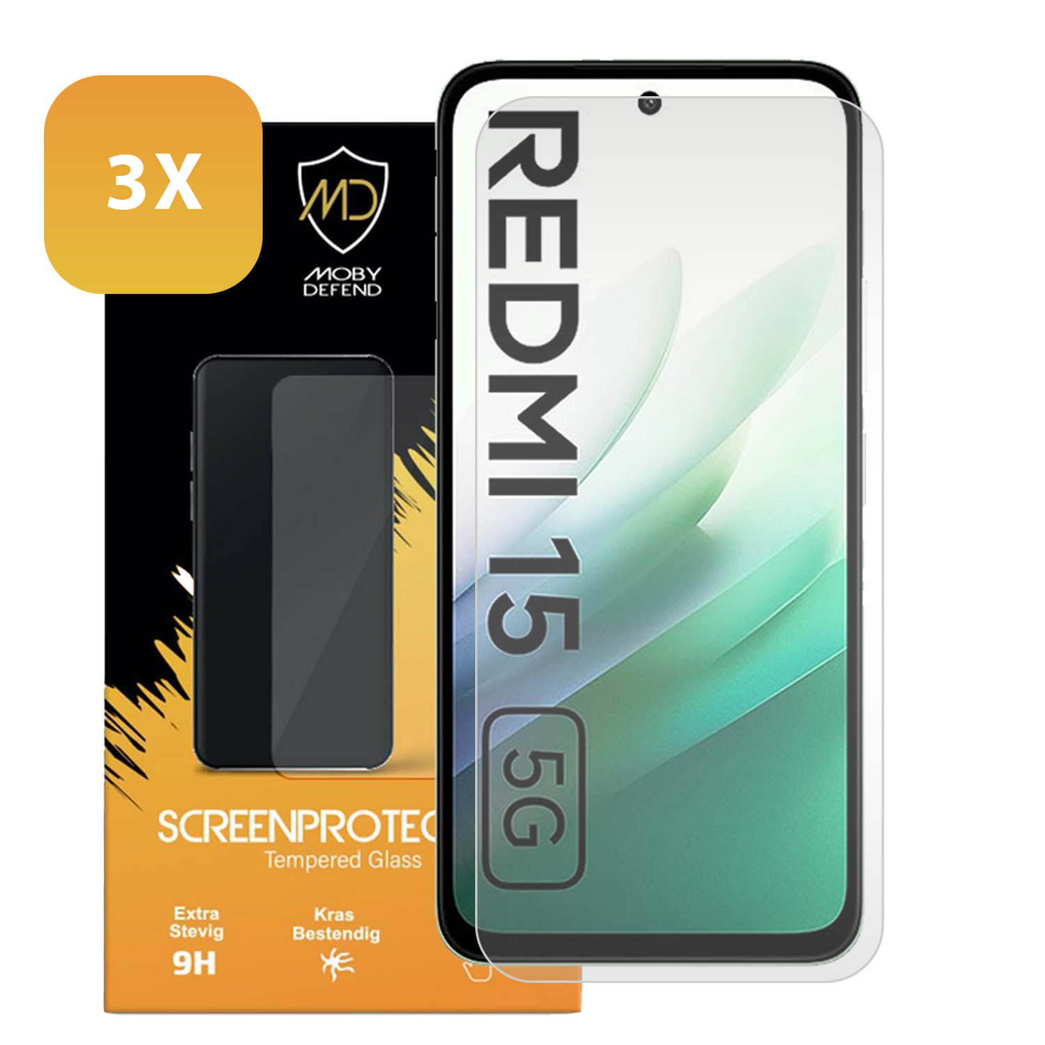 Un emballage de protection d'écran de téléphone avec un téléphone et une étiquette 3X. Le texte comprend 'REDMI 15 5G', 'SCREENPROTECTOR' et '9H'.