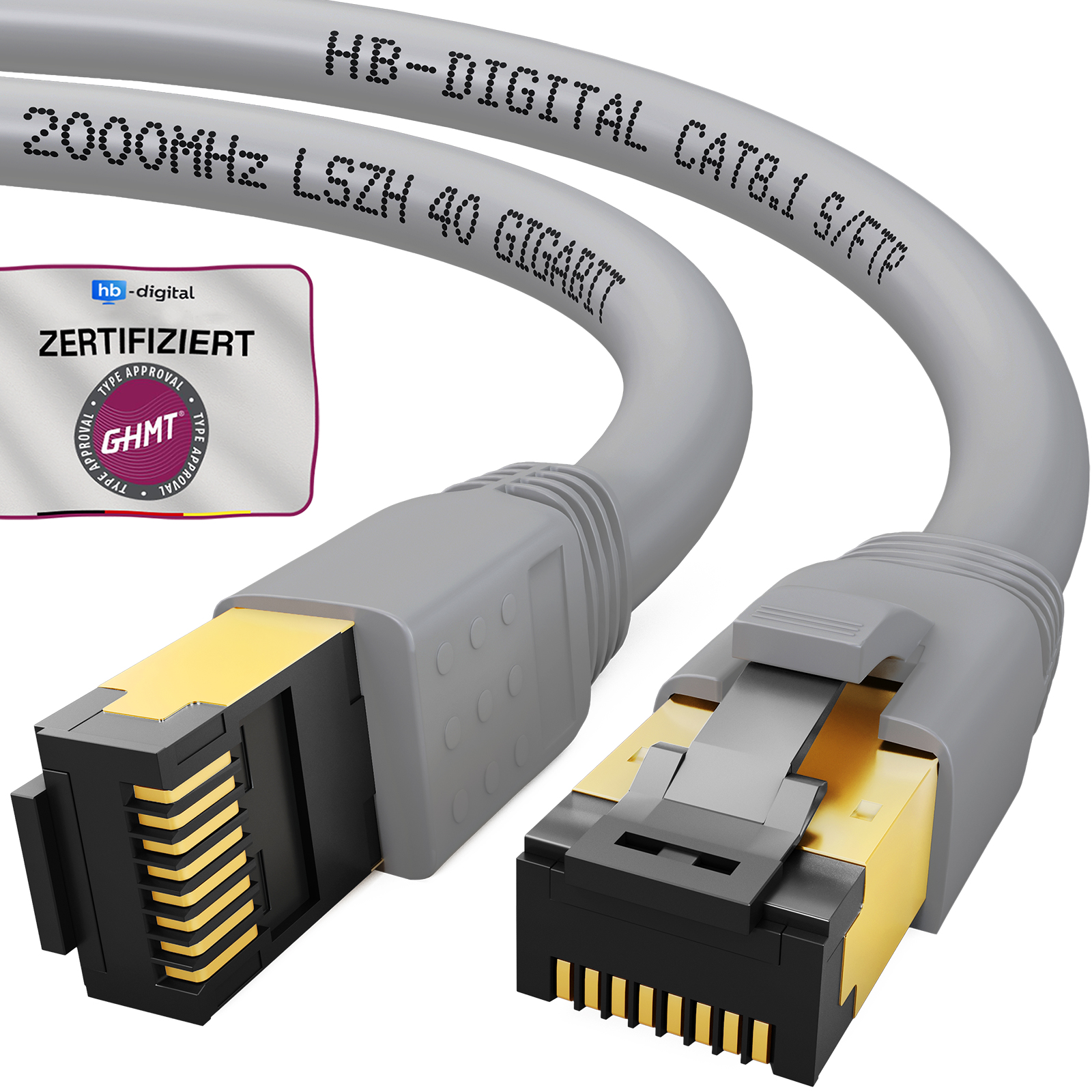Ein graues Ethernet-Kabel mit goldfarbenen Steckern. Das Kabel trägt die Aufschrift: HB-DIGITAL CAT8.1 S/FTP, 2000MHz LSZH 40 GIGABIT. Ein Zertifikat ist sichtbar.