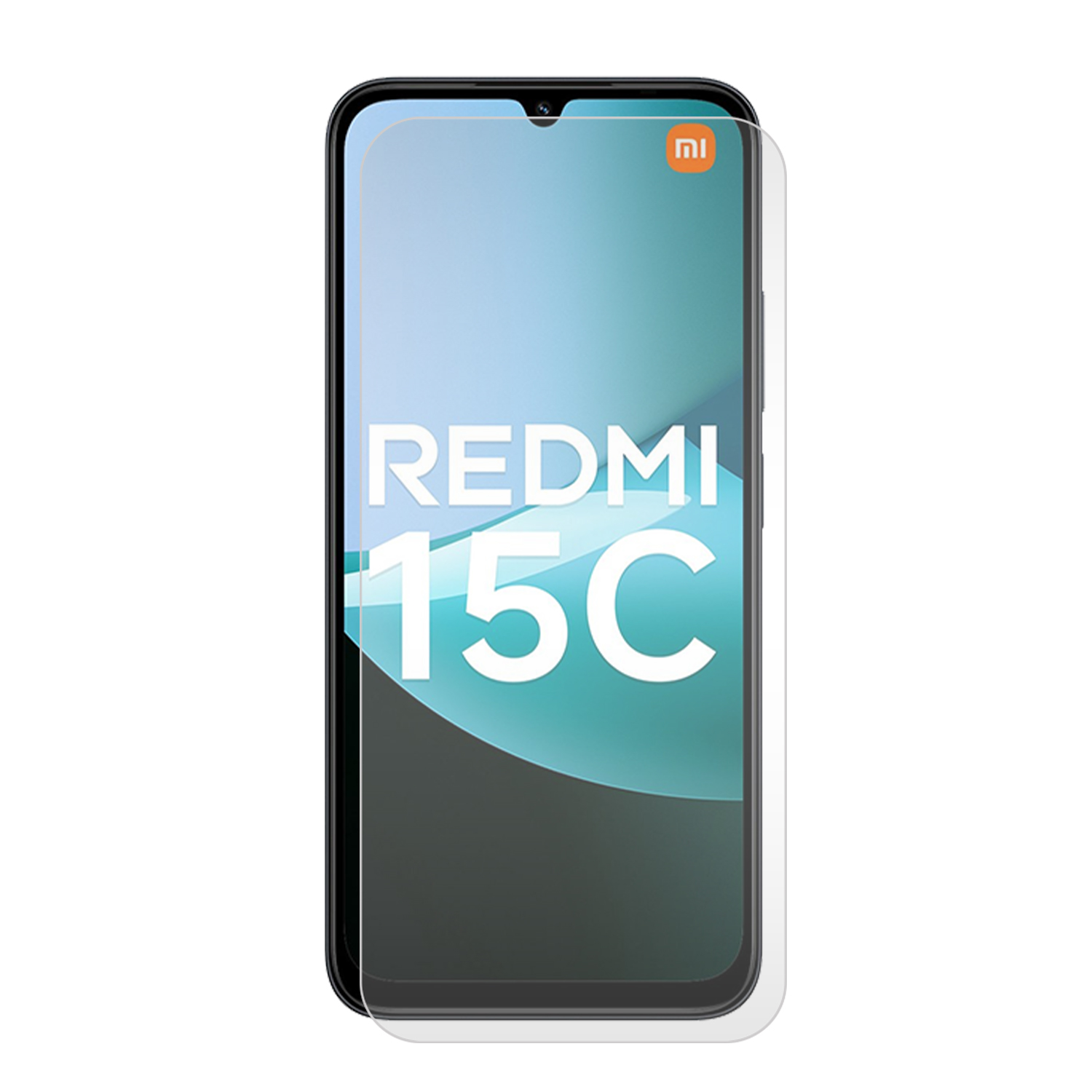 Een Redmi 15C smartphone met een schermbeschermer. Het scherm toont het Redmi 15C logo. De achtergrond is wit.