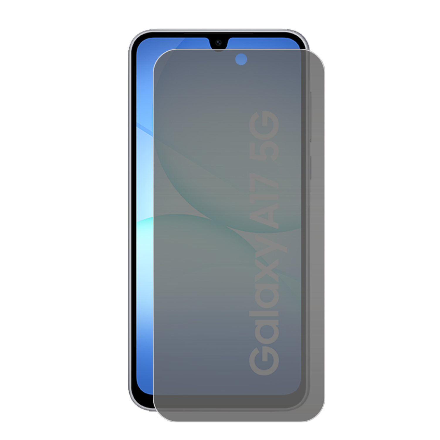 Un smartphone avec un protecteur d'écran. Le téléphone est noir avec un fond bleu. Le protecteur est gris.