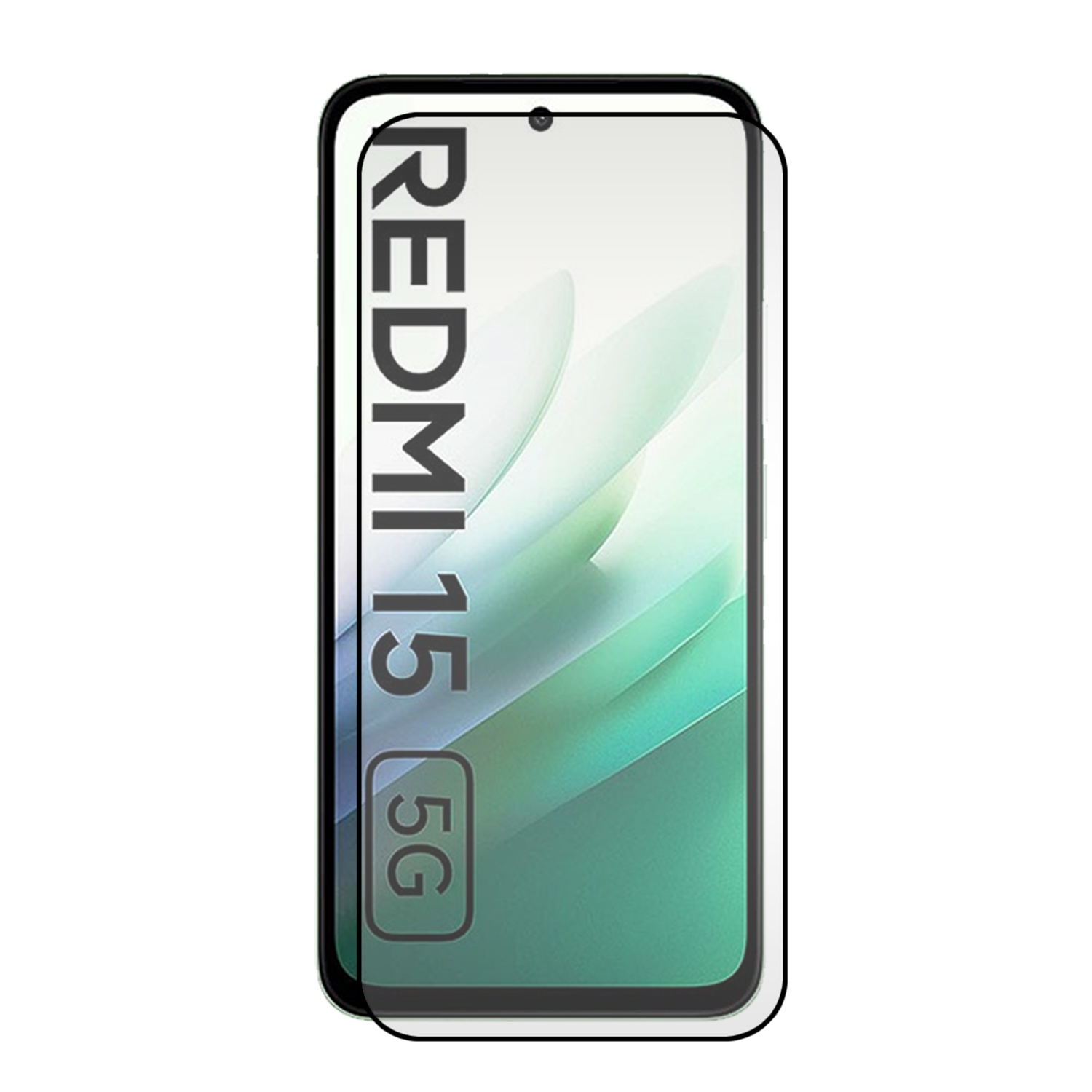 Een schermbeschermer voor smartphones met de woorden 'REDMI 15 5G' met een abstracte groen-witte achtergrond, tegen een witte achtergrond.