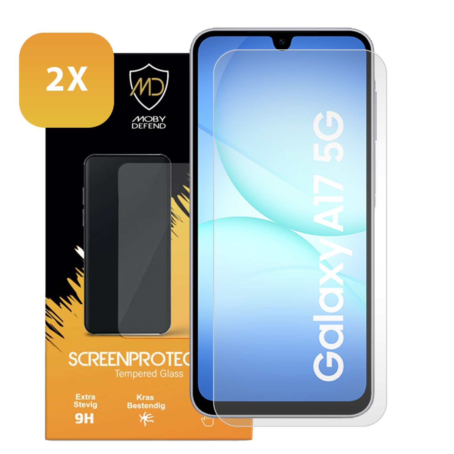 Un kit de protection d'écran pour téléphone, avec un téléphone et un emballage affichant le nom du produit et des caractéristiques.