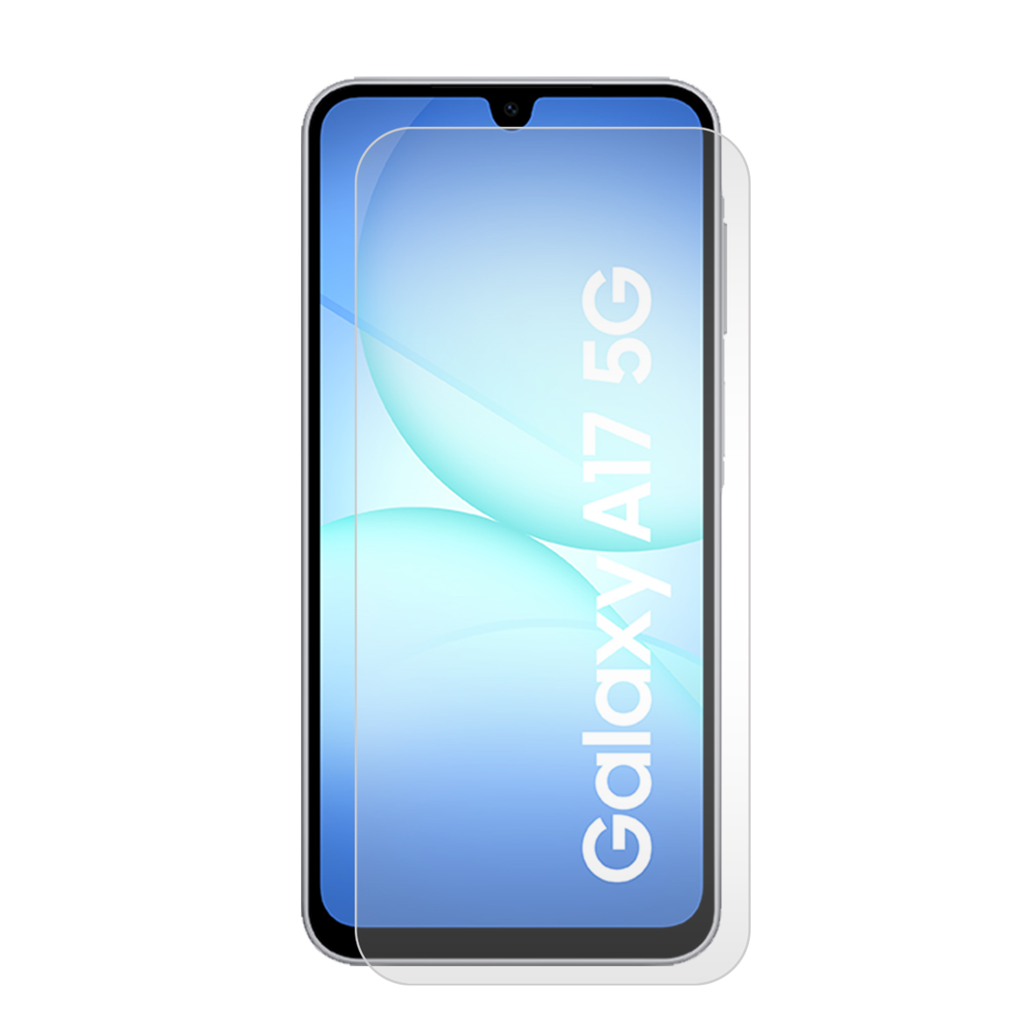 Un smartphone Samsung Galaxy A17 5G avec un protecteur d'écran appliqué. Le téléphone est blanc avec un écran dégradé bleu.