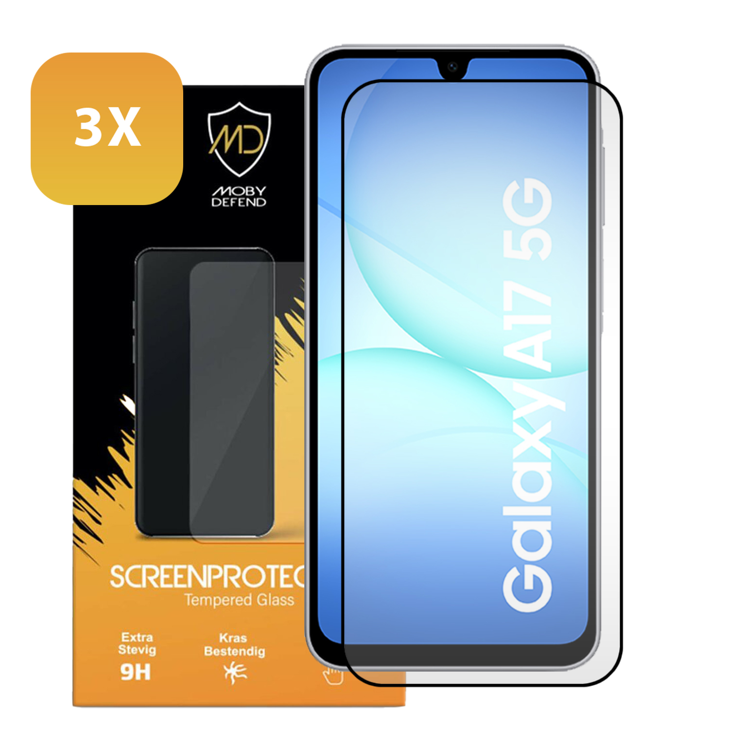Een schermbeschermer voor een Samsung Galaxy A17 5G. De verpakking toont de beschermer en de telefoon. Op de doos staat "SCREENPROTECT".