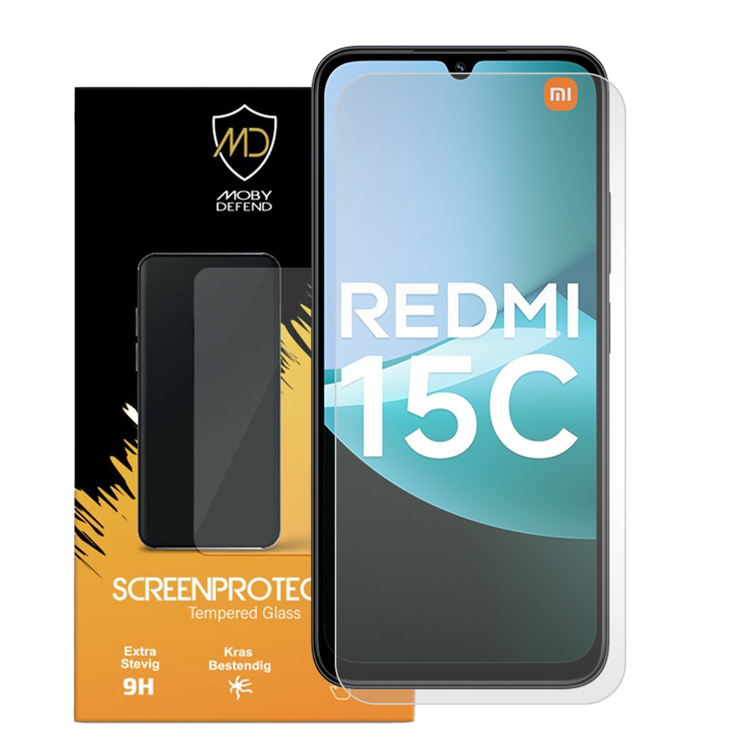 Une boîte de protection d'écran de téléphone et un téléphone. Le téléphone affiche 'Redmi 15C'. La boîte affiche 'Screenprotec' et le logo 'Moby Defend'.