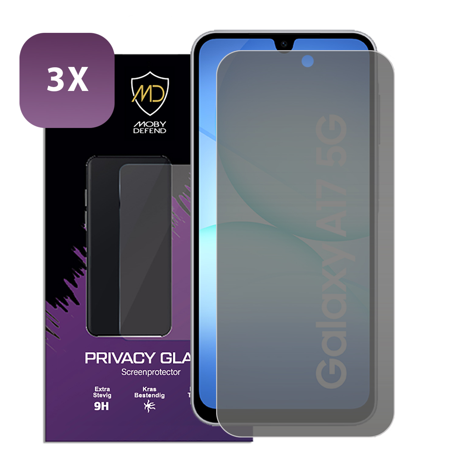 Een telefoon met een privacy screenprotector naast de verpakking. De verpakking vermeldt 'Privacy Glass' en 'Galaxy A17 5G'.