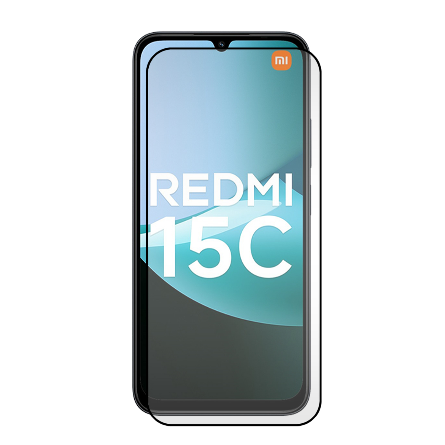 Un smartphone Xiaomi Redmi 15C avec un protecteur d'écran. L'écran affiche le nom du téléphone en lettres blanches sur fond bleu.