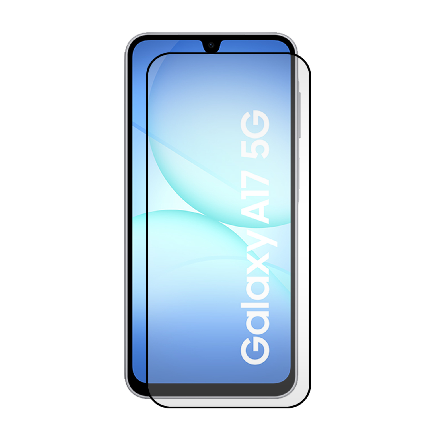 Een Samsung Galaxy A17 5G telefoon met een schermbeschermer. Het scherm toont een blauwe gradiënt achtergrond met witte tekst.