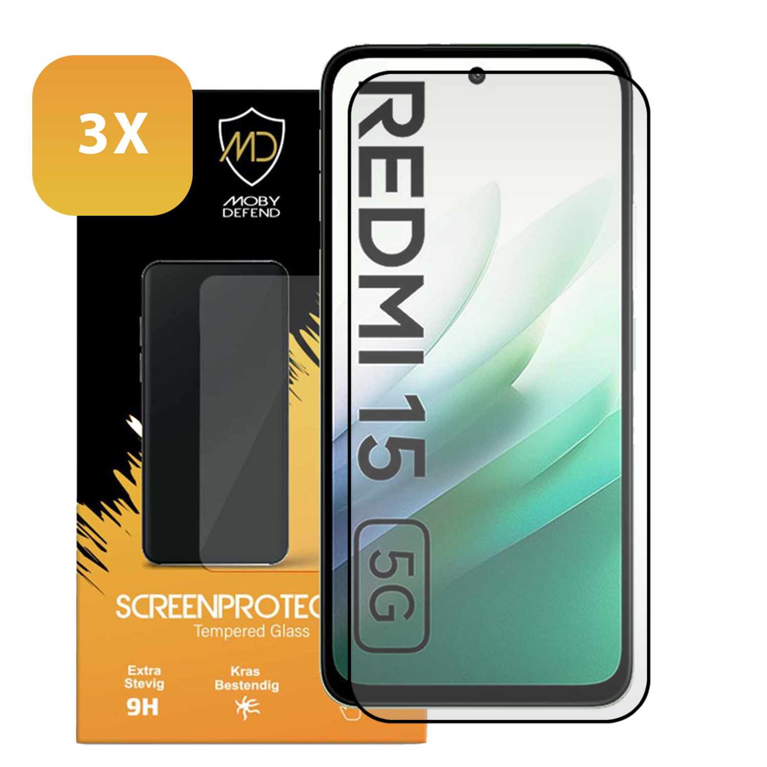 Een telefoon screenprotector doos en een telefoon screenprotector. De doos is zwart en oranje, met het merk en productinfo.